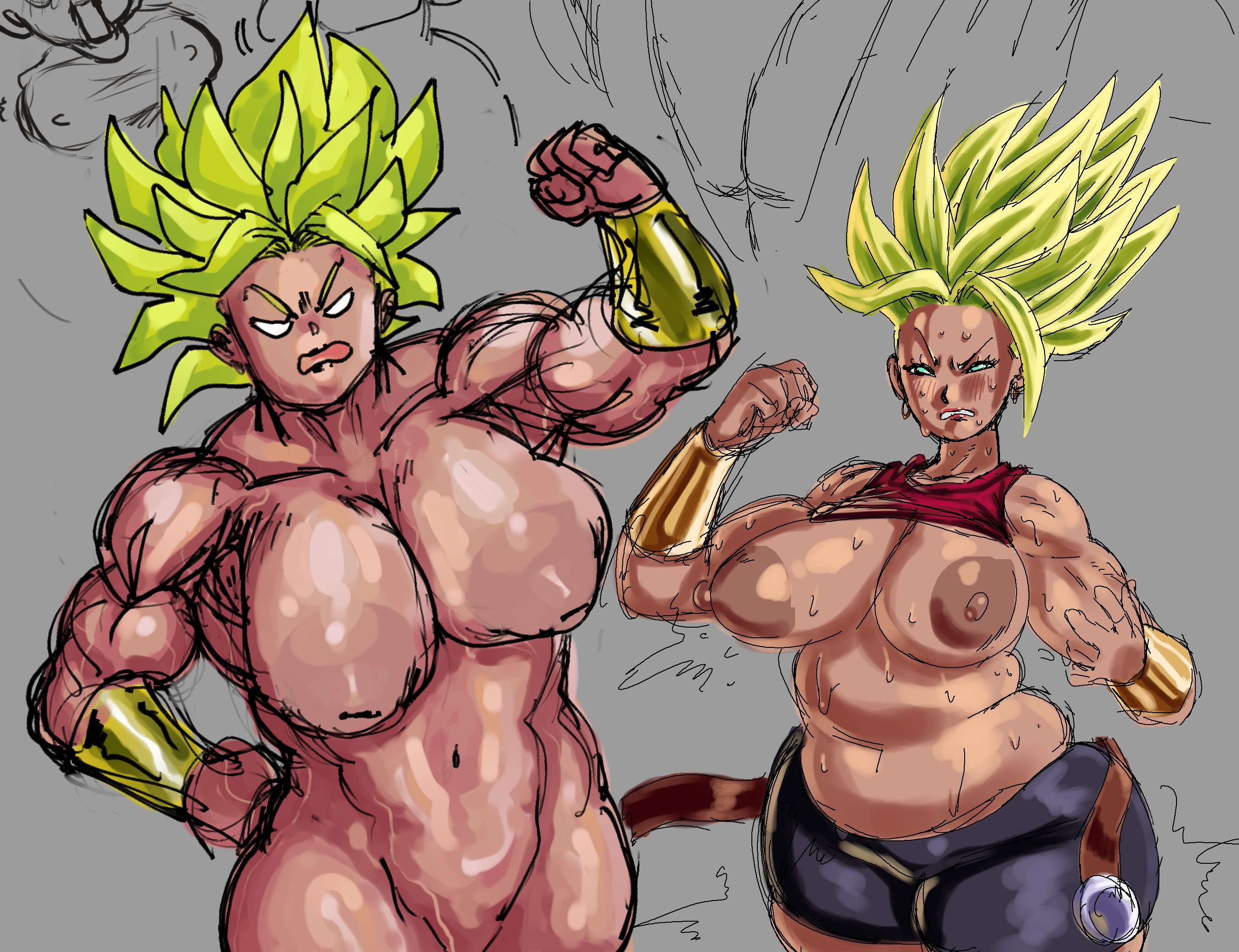 dragon ball, dragon ball super, female, grey background, isxues, kale, looking at viewer, nipples, open mouth, saiyan, saiyan girl, tits, toei animation, universe 6 saiyan/universe 7 saiyan
