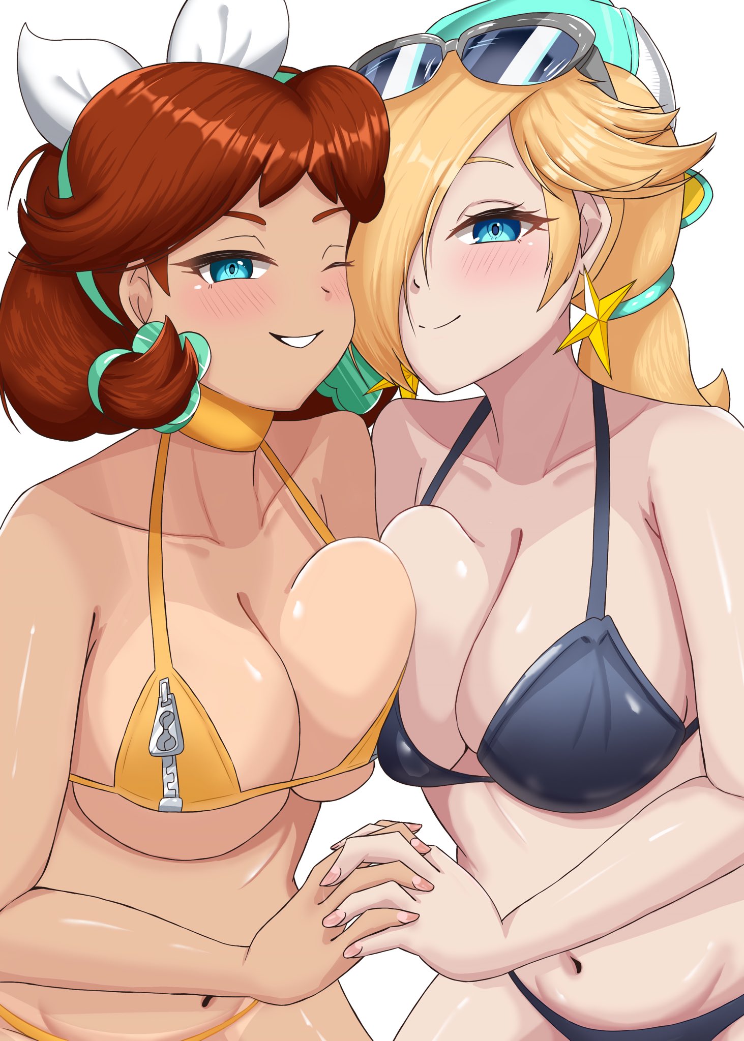 2girls, big breasts, bikini, blonde hair, blue eyes, blush, breast press, breasts, brown hair, cleavage, collarbone, earrings, enuzemu mldre, eyewear on head, female, female only, goggles, hair over one eye, holding hands, jewelry, large breasts, long hair, looking at viewer, mario (series), multiple females, multiple girls, navel, one eye closed, princess daisy, princess rosalina, smile, sunglasses, swimsuit, tagme