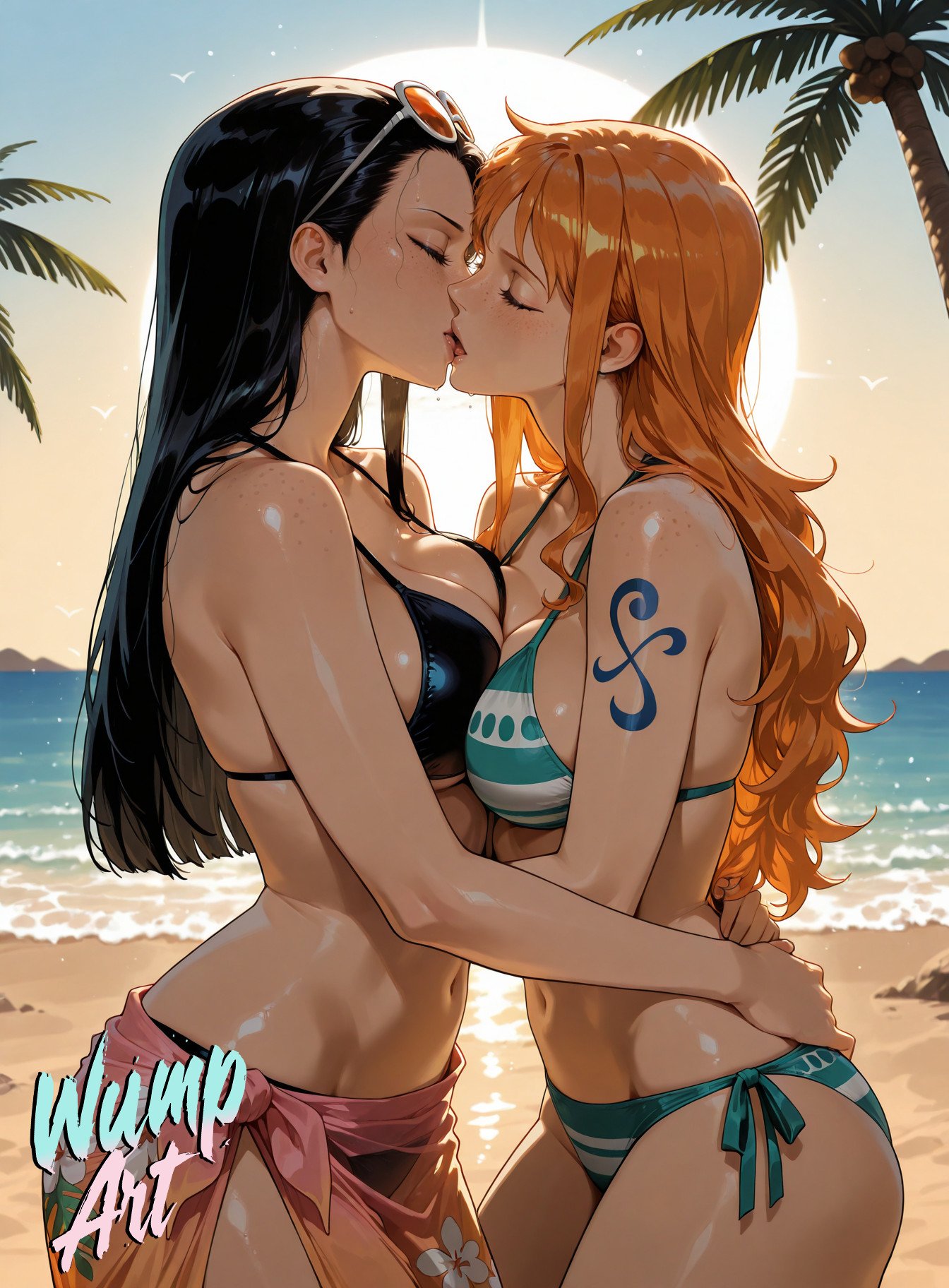2girls, ai generated, arm tattoo, artist name, asymmetrical docking, bare shoulders, beach, bikini, black bikini, black hair, black-haired female, blue tattoo, blush, breast press, breasts, cleavage, closed eyes, cowboy shot, day, eyewear on head, female, female only, french kiss, from side, green bikini, hug, kissing, large breasts, long hair, medium breasts, multiple females, multiple girls, nami (one piece), navel, nico robin, ocean, one piece, orange hair, orange-haired female, outdoors, palm tree, saliva, sand, sarong, shoulder tattoo, side-tie bikini bottom, sideboob, sky, standing, stomach, striped bikini, striped clothes, sun, sunglasses, sunset, swimsuit, symmetrical docking, tattoo, tongue, tree, water, wumpart, yuri