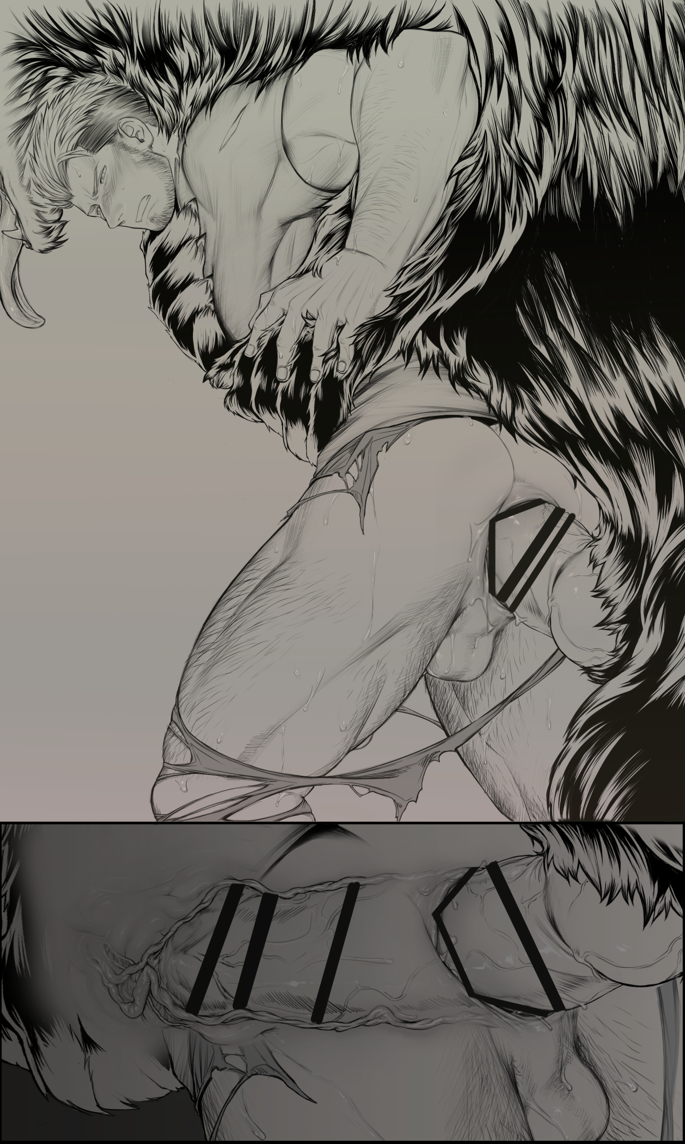 2boys, anal, anal insertion, anal juice, anal sex, anthro, anthro on human, anthro penetrating, anthro penetrating human, arm hair, ass, ass juice, balls, bara, beard stubble, biceps, big penis, black and white, blush, bottomless, bulbus glandis, canine, canine genitalia, canine penis, censor bar, censored, censored anus, censored penis, clawed fingers, claws, clenched teeth, cross section, doggy style, duo, erection, fingernails, from behind, from behind position, frown, fur, furry, furry male, gay, grabbing, grabbing from behind, grey background, greyscale, hardcore, height difference, hi res, huge cock, hugging, hugging from behind, human, human penetrated, internal, intestines, knot, knotted penis, leg hair, long penis, male, male only, male penetrated, male penetrating, male penetrating male, male rape victim, male/male, mature male, monochrome, multicolored hair, muscles, muscular, muscular arms, muscular legs, muscular male, muscular thighs, original, original character, penis, penis bigger than arm, penis bigger than head, penis bigger than torso, perineum, pointless censoring, predator/prey, quadriceps, raped, raped by monster, raw sex, rectum, round ass, sex, short hair, side view, sideburns, size difference, struggling, struggling prey, sweat, sweatdrop, taro007, tarowo, teeth showing, thick penis, tongue out, torn clothes, tough guy, two panel image, two-tone hair, veiny balls, veiny penis, werewolf, wince, wolf boy, x-ray, yaoi