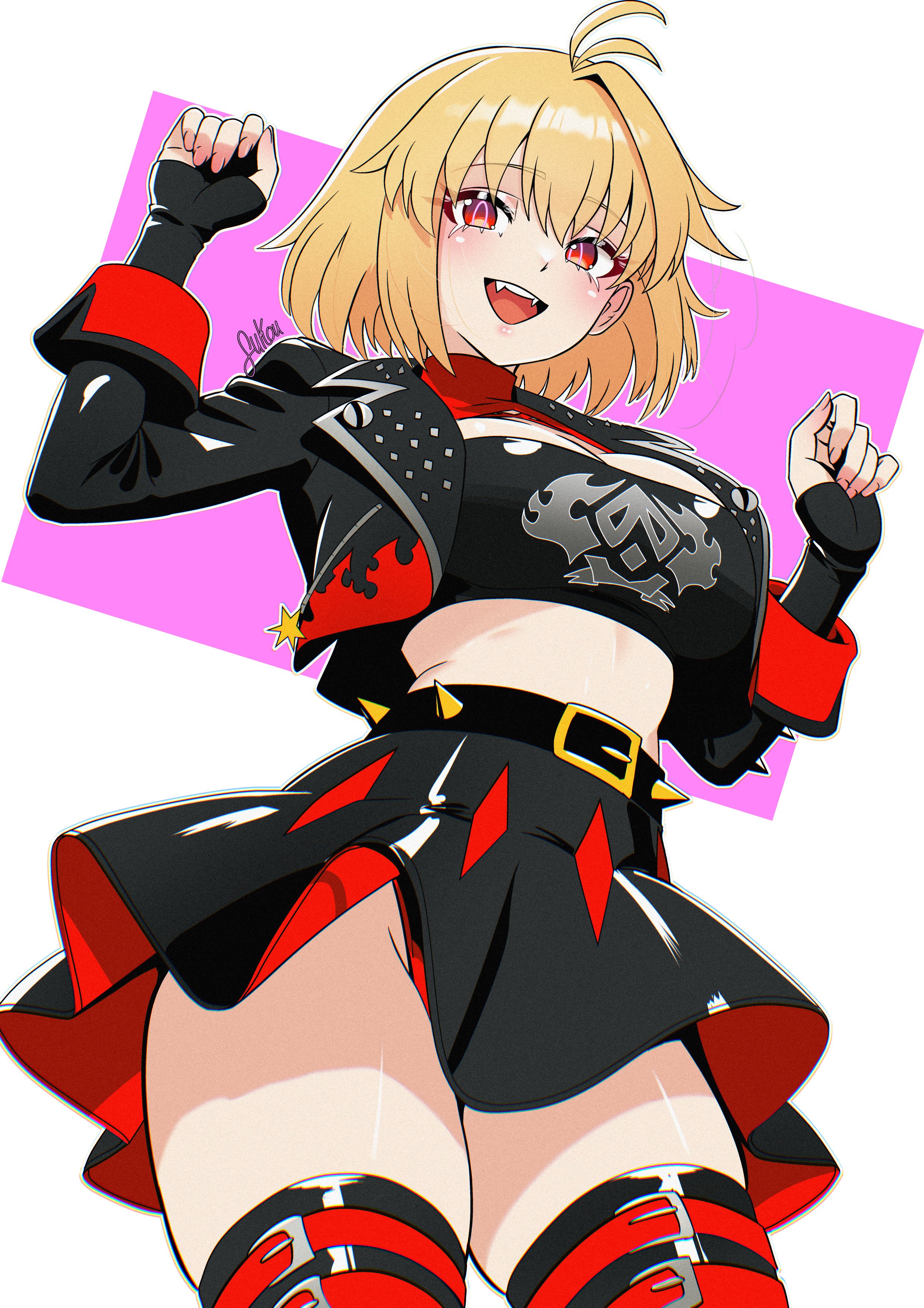 absurdres, alternate costume, arcueid brunestud, black jacket, black nails, blush, breasts, burnice white (cosplay), cleavage, cosplay, crop top, cropped jacket, fangs, female, from below, fukou, hair between eyes, hand up, highres, jacket, long sleeves, looking at viewer, medium breasts, navel, open mouth, red eyes, red hair, skindentation, smile, solo focus, stomach, thighhighs, tsukihime, tsukihime (remake), white background, zenless zone zero