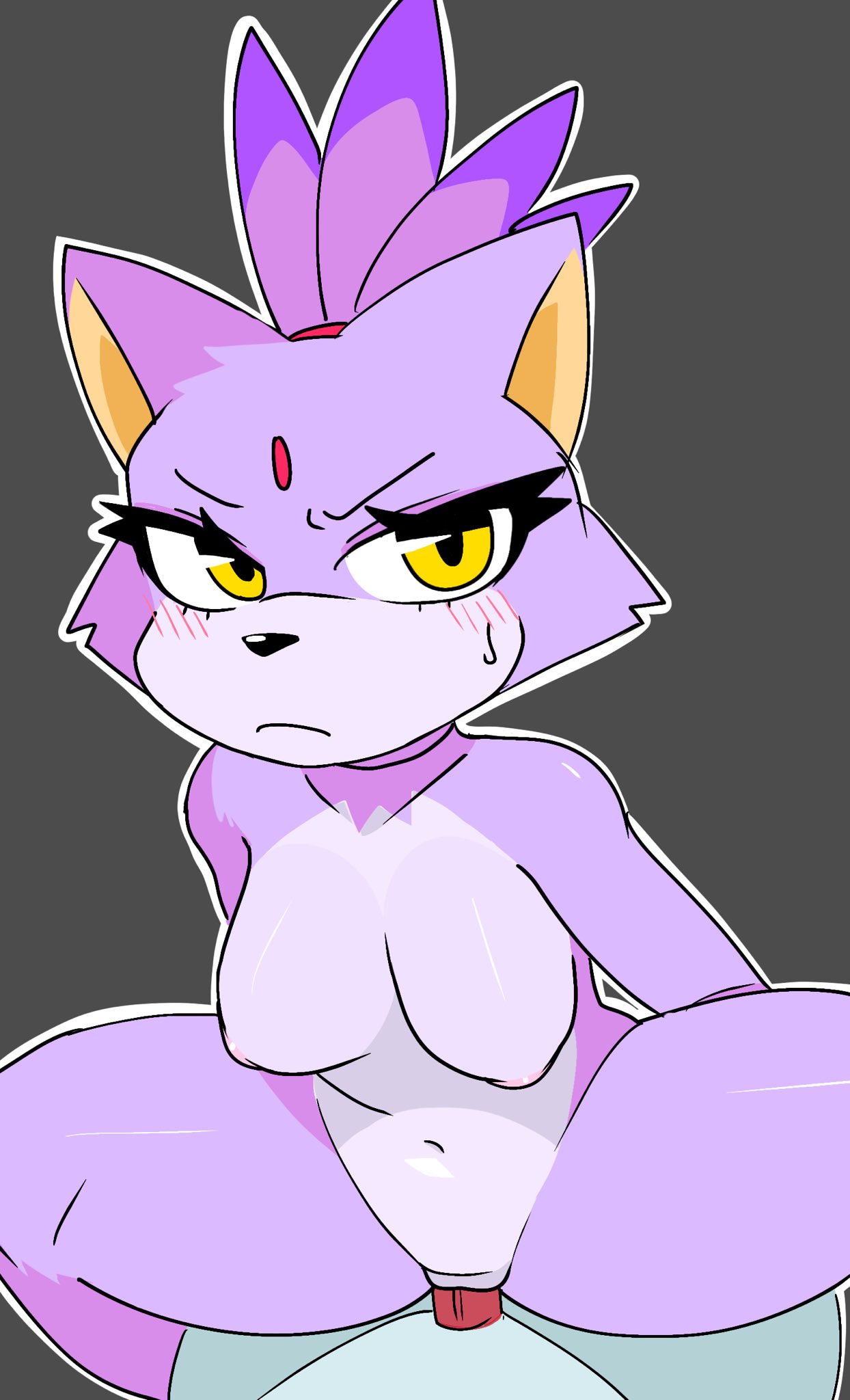 1boy, 1girls, aerolae, animal genitalia, anthro, arms behind back, average breasts, belly, belly button, blaze the cat, blushing, breasts, casual sex, cat ears, catgirl, completely nude, cowgirl position, eyelashes, female, female on top, female penetrated, frown, fur, furry, gem on forehead, hair tie, huge thighs, humanoid, male, medium breasts, mobian (species), naked, naked female, navel, nipples, nude, nude female, penetration, penis, pov, purple aereolas, purple body, purple fur, purple nipples, pussy, riding, riding penis, ryuuuk1, sex, shiny skin, silver the hedgehog, smooth fur, sonic (series), sonic the hedgehog (series), straight, sweatdrop, thick thighs, thighs, uninterested, vaginal penetration, wide thighs, yellow eyes