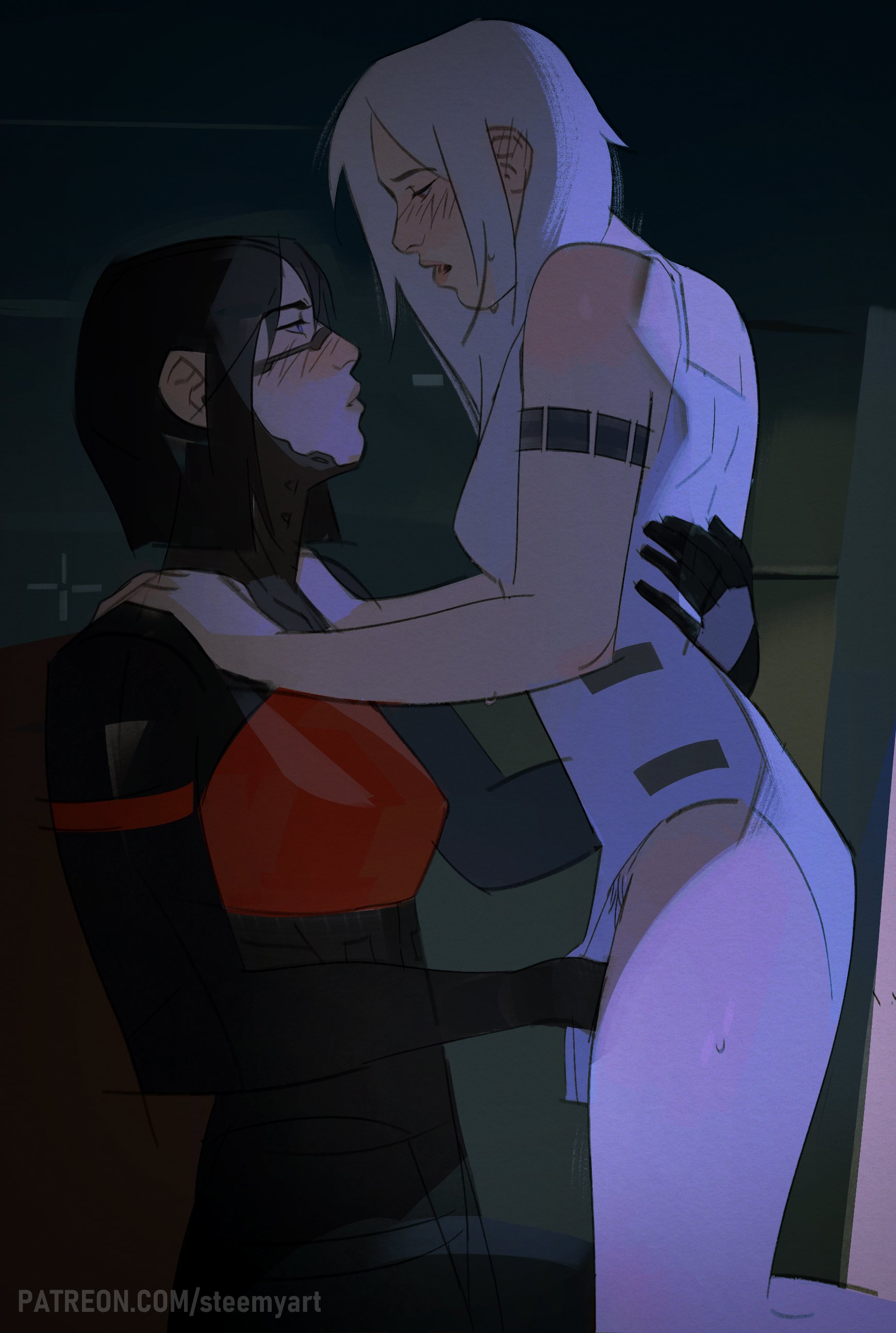 2girls, android, android girl, ariane yeong, black hair, blush, blushing, canon couple, clothed, clothed sex, dress aside, elster (signalis), female, female only, female/female, fingering, fingering partner, hand between legs, implied penetration, implied sex, kneeling over partner, lesbian couple, lesbian only, no panties, pubic hair, pubic hair peek, signalis, steemyart, sweat, sweatdrop, white hair, yuri