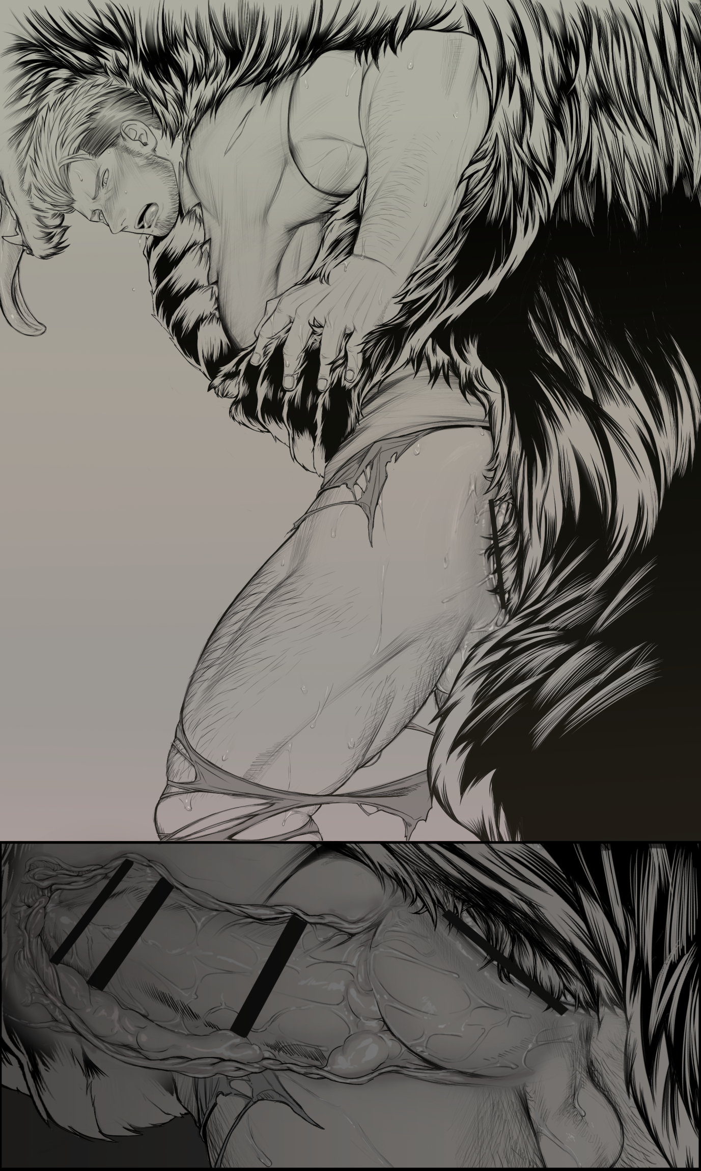 2boys, anal, anal insertion, anal sex, anthro, anthro on human, anthro penetrating, anthro penetrating human, arm hair, ass, balls, balls deep, bara, beard stubble, biceps, big penis, black and white, blush, bottomless, bulbus glandis, canine, canine genitalia, canine penis, censor bar, censored, censored anus, censored penis, clawed fingers, claws, clenched teeth, cross section, cum, cum filled, cum in ass, cum in intestines, cum inside, cum on penis, cum puddle, doggy style, drooling, duo, ejaculation, erection, excessive cum, fingernails, from behind, from behind position, frown, fur, furry, furry male, gay, grabbing, grabbing from behind, grey background, greyscale, hardcore, height difference, hi res, huge cock, hugging, hugging from behind, human, human penetrated, intense orgasm, internal, intestines, knot, knotted penis, leg hair, long penis, male, male only, male penetrated, male penetrating, male penetrating male, male rape victim, male/male, mature male, monochrome, multicolored hair, muscles, muscular, muscular arms, muscular legs, muscular male, muscular thighs, nakadashi, orgasm, original, original character, penis, penis bigger than arm, penis bigger than head, penis bigger than torso, perineum, pointless censoring, predator/prey, quadriceps, raped, raped by monster, raw sex, rectum, round ass, saliva, saliva trail, semen, sex, short hair, side view, sideburns, size difference, sticky cum, struggling, struggling prey, sweat, sweatdrop, taro007, tarowo, teeth showing, thick cum, thick penis, tongue out, torn clothes, tough guy, two panel image, two-tone hair, veiny balls, veiny penis, werewolf, wince, wolf boy, x-ray, yaoi