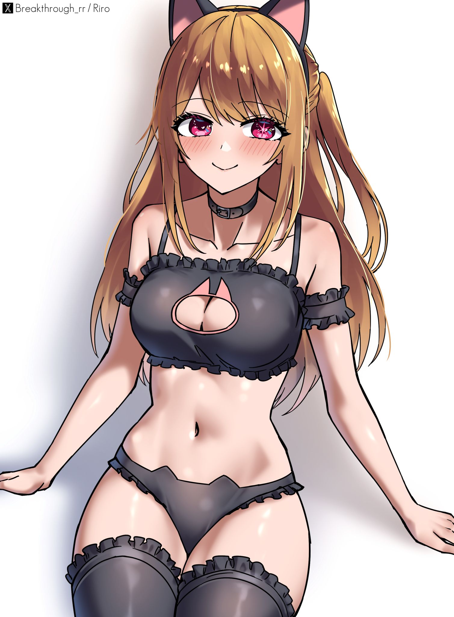 ///, 1girls, 2d, 2d (artwork), 2d artwork, almost naked, almost nude, animal ears, anime, anime character, arm support, armband, asian, asian female, asian girl, asian woman, background, belly, belly button, big boobs, big breasts, black armband, black bra, black choker, black legwear, black lingerie, black panties, black stockings, black thigh highs, black thighhighs, black underwear, blank background, blonde, blonde eyebrows, blonde female, blonde hair, blonde-haired female, blush face, blush lines, blushing, blushing at viewer, blushing female, blushing lines, bra, breakthrough rr, breasts, busty, busty female, busty girl, busty teen, busty teenager, cat bra, cat ears, cat ears hairband, cat lingerie, cat panties, cat underwear, choker, cleavage, closed mouth smile, collarbone, curvaceous, curvaceous body, curvaceous female, curvaceous figure, curvaceous hips, curvaceous teenager, curvy, curvy body, curvy female, curvy figure, curvy hips, curvy teen, digital, digital art, digital drawing, digital drawing (artwork), digital media, digital media (artwork), doga kobo, drawing, exposed, eye-level view, eyebrows visible through hair, fanart, female, female focus, female only, female protagonist, fingers, flushed, flushed cheeks, flushed face, frilled armband, frilled bra, frilled legwear, frilled panties, frilled stockings, frilled thigh highs, frilled thighhighs, frilled underwear, from front, front view, glossy breasts, glossy hair, groin, hand out of frame, hands out of frame, high school student, hip dips, hoshino ruby, hourglass figure, idol, inguinal crease, inguinal ligament, japanese, japanese female, japanese girl, japanese woman, knees out of frame, large boobs, large breasts, lean figure, leg out of frame, legs closed, legs out of frame, legs together, legwear, lingerie, lingerie bra, lingerie only, lingerie panties, long hair, looking at viewer, manga character, midriff, monotone background, mostly nude, naked, naked female, naked woman, narrow waist, navel, nearly nude, nude, nude female, nudity, oiled skin, one color background, one side up, oshi no ko, panties, pink eyes, pink-eyed female, plain background, portrait, practically nude, school girl, shiny belly, shiny breasts, shiny hair, shiny legs, shiny skin, shiny thighs, shoulders, shueisha, sidelocks, slender body, slender waist, slim female, slim waist, smile, smiley face, smiling, smiling at viewer, solid color background, solo, star eyes, star-shaped pupils, stockings, symbol shaped pupils, symbol-shaped pupils, teen girl, teenage female, teenage girl, teenage tits, teenager, thick thighs, thigh highs, thighhighs, thighs, thighs out of frame, thighs together, top view, underwear, upper body, voluptuous, voluptuous body, voluptuous female, voluptuous figure, voluptuous teenager, voluptuous woman, white background, wide hips, yellow eyebrows, yellow hair, yellow-haired female, young female, young jump, young woman