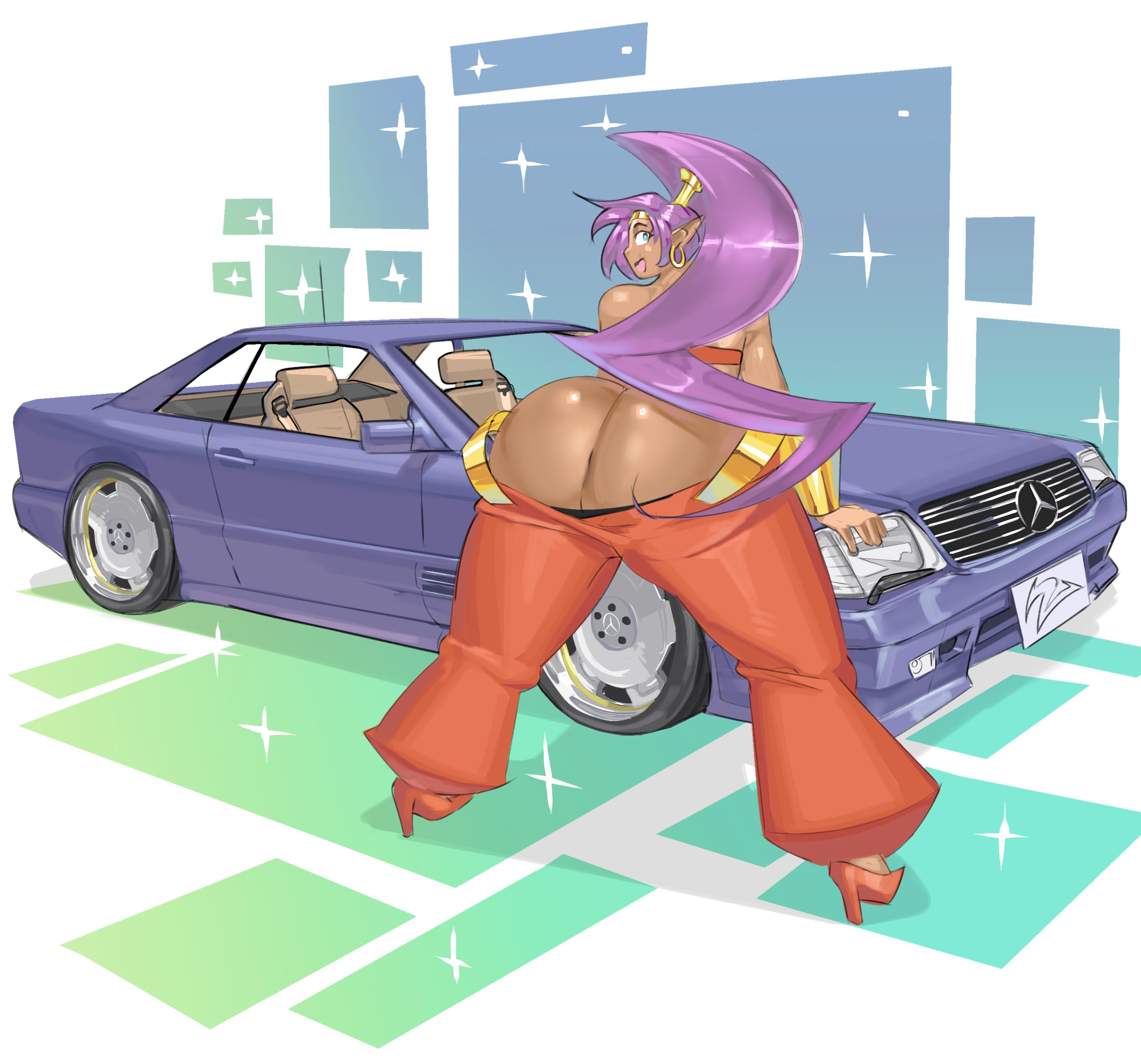 1girls, armwear, ass, ass cleavage, back, back view, bent forward, big ass, blue eyes, bottomwear, breasts, bubble ass, bubble butt, car, ear piercing, earrings, female only, footwear, full body, hair, heels, hoop earrings, huge ass, looking back, mercedes-benz, pants, pointy ears, ponytail, purple hair, quattrant, red pants, shantae, shantae (character), smile, solo, solo female, sparkles, tied hair, topwear, vehicle