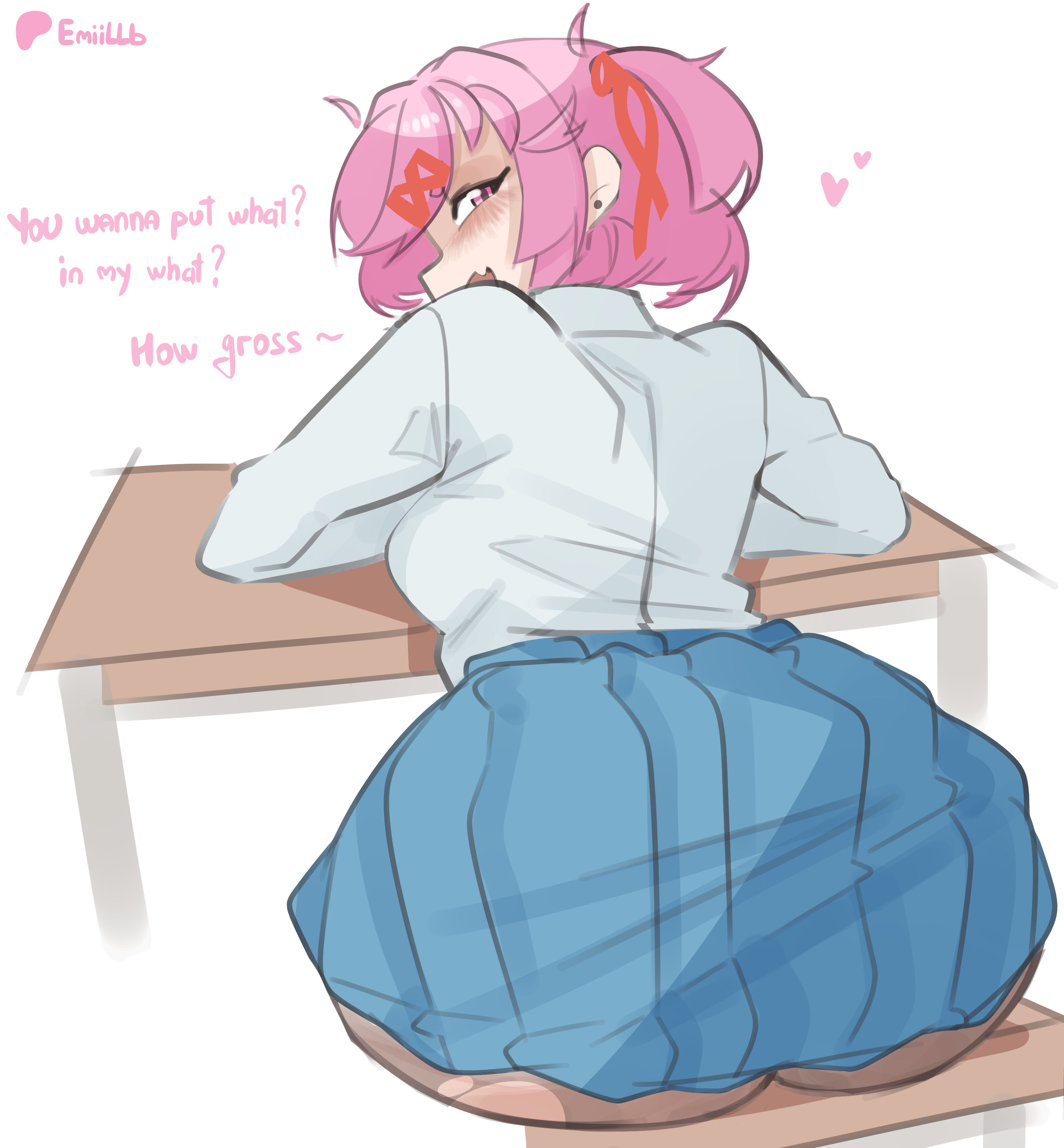 :d, 1girl, absurdres, arms on table, artist name, ass, blue skirt, blush, bob cut, breasts, brown pantyhose, chair, collared shirt, commentary, covered shoulder blades, ddlc, desk, doki doki literature club, doki doki literature club!, dress shirt, earrings, emiillb, english commentary, english text, eyelashes, fang, from behind, hair behind ear, hair ornament, hair ribbon, heart, highres, image, image set, jewelry, jpg, long sleeves, looking at viewer, looking back, medium breasts, narrowed eyes, natsuki (doki doki literature club), on chair, open mouth, pantyhose, patreon logo, patreon username, pink eyes, pink hair, pleated skirt, plump, questionable, red ribbon, ribbon, school chair, school desk, school uniform, serenity forge, shirt, short hair, signature, simple background, skin fang, skirt, smile, solo, stud earrings, swept bangs, team salvato, tsundere, turning head, two side up, white background, white shirt, x hair ornament