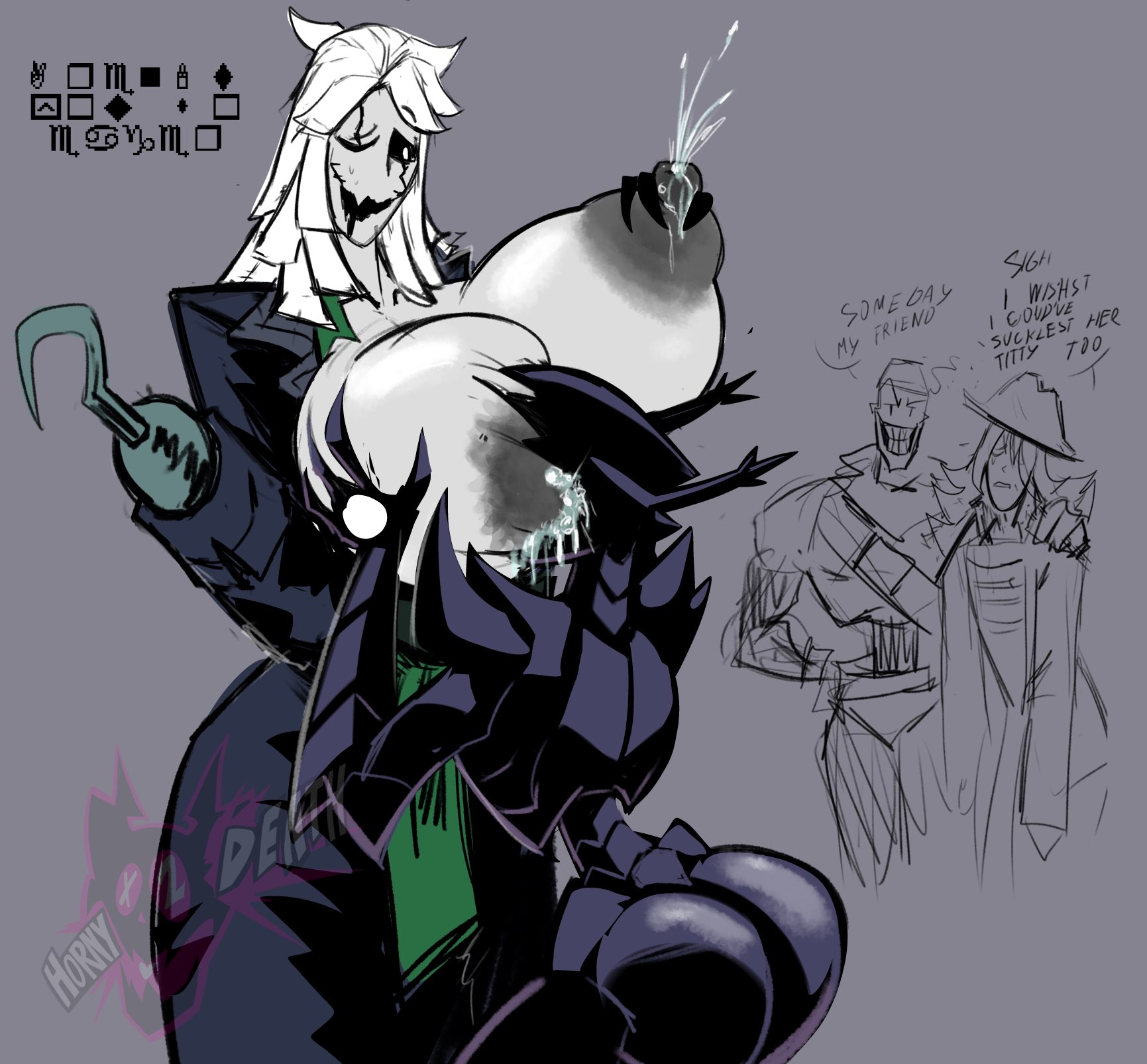 2boy, 2girls, alternate breast size, areolae, breast grab, breast squeeze, breast sucking, breasts, breasts bigger than head, breasts out, bursting breasts, deltarune, dialogue, envy, fem gaster, female focus, gaster, genderbend, genderswap, genderswap (mtf), green clothing, hook hand, horny, horny2death, hyper breasts, jealous, lactating, lactation, milk, muscular male, nipple slip, nipples, papyrus, pirate, pirate girl, pirate hat, roaring knight, rouxls kaard, rule 63, shades, shocked, surprised, sweat, thick thighs, tongue, undertale, undertale (series), waldrobe malfunction, wardrobe malfunction, wingdings text, yuri