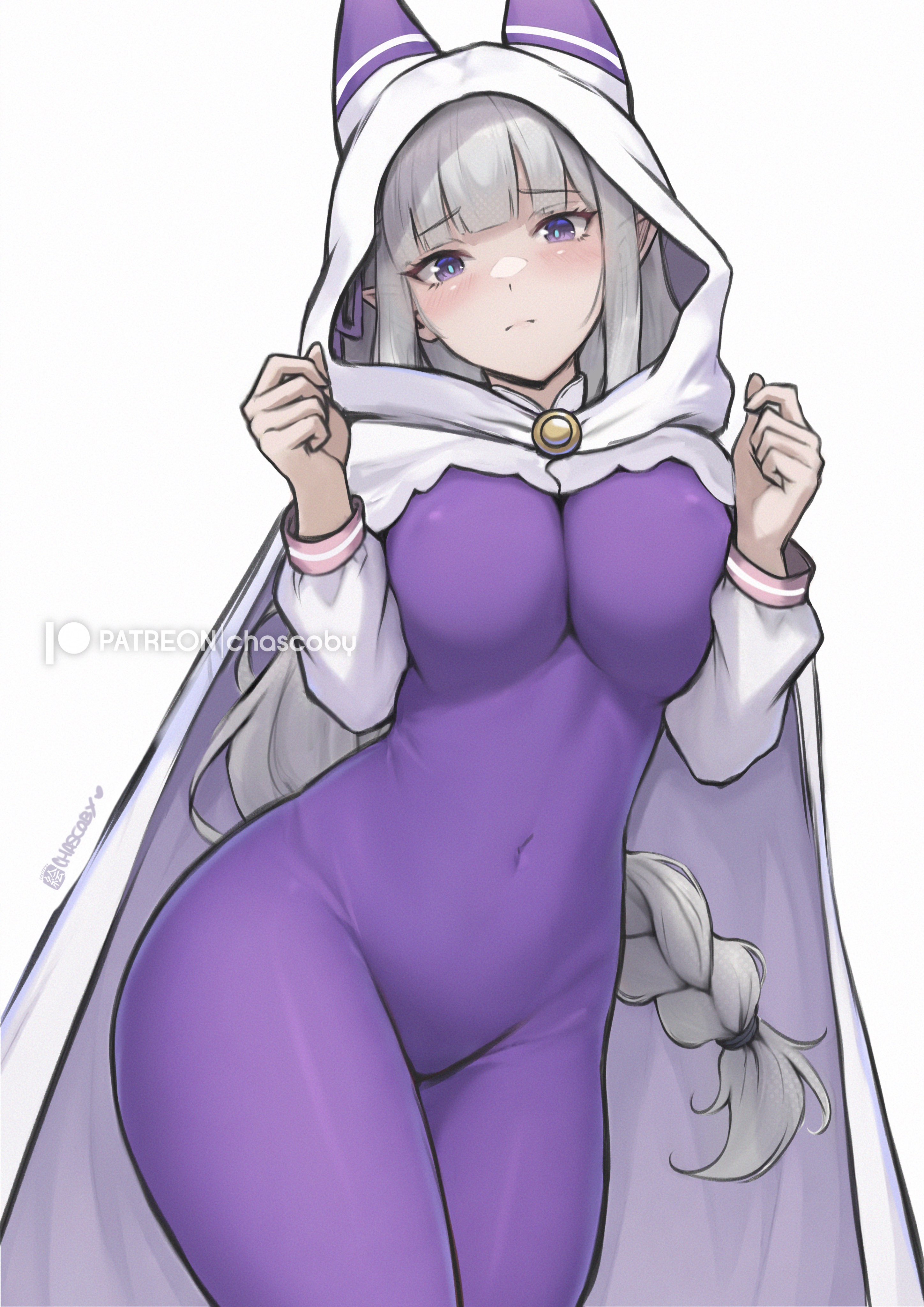 1girl, 1girls, absurd res, blush, bodysuit, braid, breasts, chascoby, elf, emilia (re:zero), grey hair, highres, hood, looking at viewer, navel, nipples visible through clothing, re:zero kara hajimeru isekai seikatsu, simple background, skin tight, skintight, solo, standing, white background