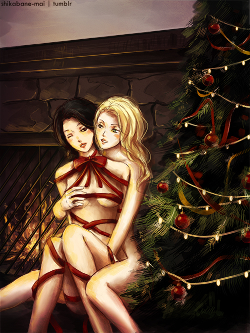 artist_request black_hair blonde_hair bondage box_tie christmas christmas_tree disney disney_villains dominatrix emma_swan evil_queen fireplace green_eyes helpless naked_ribbon once_upon_a_time_(tv_series) present regina_mills ribbon slave the_evil_queen yuri