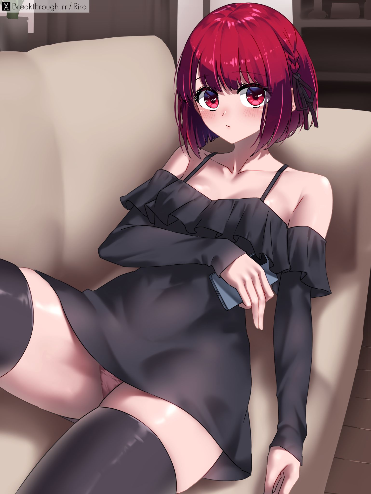 1girls, 2d, 2d (artwork), 2d artwork, actor, alternative hairstyle, anime, anime character, arima kana, asian, asian female, asian girl, asian woman, belly button, black clothes, black dress, black legwear, black outfit, black stockings, black thigh highs, black thighhighs, black topwear, blunt bangs, blush face, blushing, blushing at viewer, blushing female, bob cut, braid, braided hair, braids, breakthrough rr, breasts, clothes, collarbone, different hair style, digital, digital art, digital drawing, digital drawing (artwork), digital media, digital media (artwork), doga kobo, drawing, dress, eye-level view, eyebrows visible through hair, fanart, female, female focus, female only, female protagonist, fingers, flushed, flushed cheeks, flushed face, frilled dress, from front, front view, glossy breasts, glossy hair, groin, groin tendon, high school student, hourglass figure, house background, indoor, indoor background, indoors, inner thighs, interior background, inverted bob, japanese, japanese female, japanese girl, japanese woman, knees out of frame, lean figure, leg out of frame, legs out of frame, legwear, looking at viewer, lying, lying down, lying on back, lying on couch, lying on sofa, manga character, medium breasts, narrow waist, navel, on back, oshi no ko, outfit, panties, phone, pink panties, pink underwear, portrait, red eyes, red hair, red-eyed female, red-haired female, school girl, shiny breasts, shiny hair, shiny legs, shiny skin, shiny thighs, short hair, shoulders, shueisha, skindentation, slender body, slender waist, slim female, slim waist, solo, stockings, teen girl, teenage girl, teenager, thick thighs, thigh highs, thighhighs, thighs, tied hair, top view, topwear, underwear, upper body, wide hips, young female, young jump, young woman