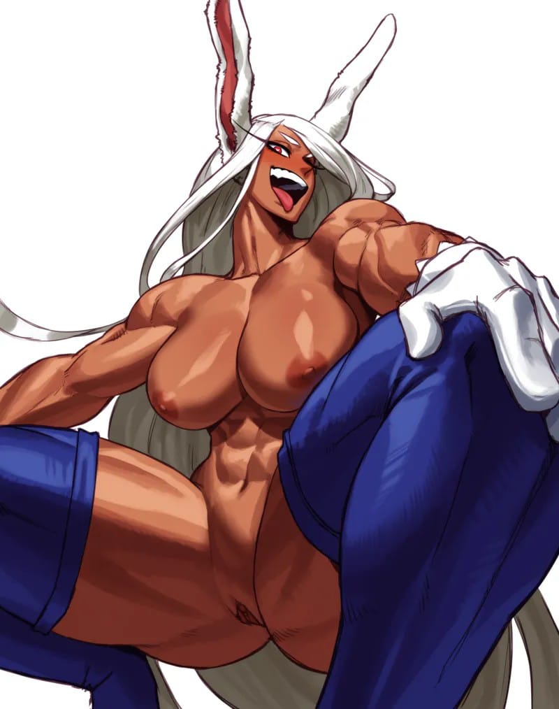 1girls, absurd res, biceps, blush, breasts, bunny girl, dark skin, dark-skinned female, female, gloves, heart-shaped pupils, hi res, huge breasts, long labia, miruko, muscle mommy, muscles, muscular, muscular arms, muscular female, muscular legs, muscular thighs, my hero academia, open mouth, pussy, rumi usagiyama, simple background, sotcho, squatting, tagme, thighhighs, tongue, tongue out, vulva, white background
