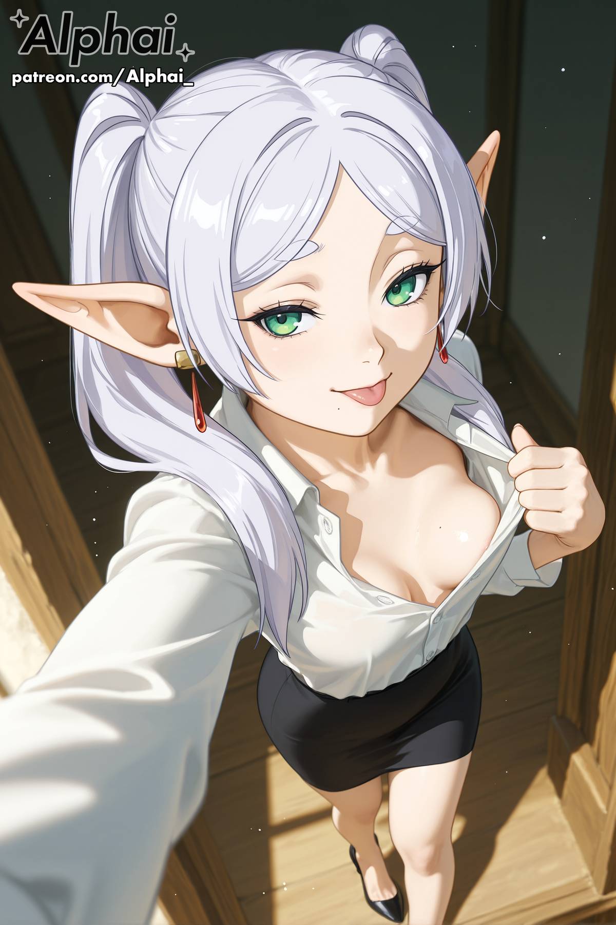 :p, 1girl, 2025, 2026, 4k, absurd res, absurdres, ai, ai art, ai assisted, ai created, ai generated, ai-created, ai-generated, alphai, anime, ass, bangs, bare legs, blue sky, blushing, breasts, breasts out, chest, cinematic lighting, close-up, clothing, colorful background, depth of field, detailed hair, detailed skin, detailled background, dramatic shadows, earrings, elf, elf ears, elf female, eyelashes, eyeliner, female, female face, female focus, female only, flat chest, frieren, frieren (sousou no frieren), frieren beyond journey's end, green eyes, heels, high angle, high quality, high resolution, highres, jewelry, legs, long hair, naughty face, nintendo, office background, office lady, particles, patreon, patreon link, patreon url, patreon username, perspective, petite, petite breasts, pointed ears, pulling breasts, raised eyebrows, seductive eyes, seductive smile, shirt, short stature, skinny, skirt, slender, small breasts, solo, sousou no frieren, standing, sunny, thin, tongue out, twintails, volumetric lighting, watermark, white hair