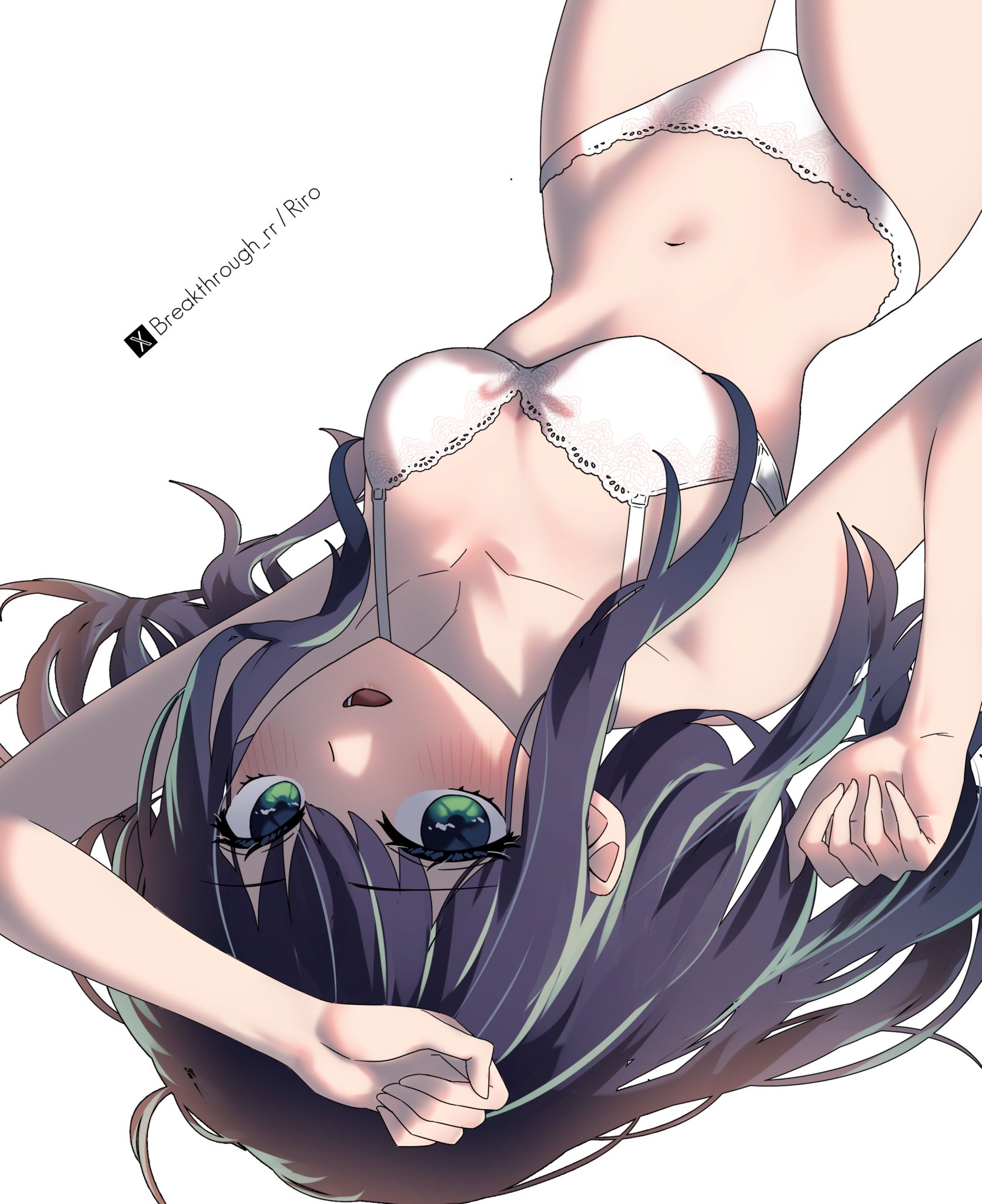 ///, 1girls, 2d, 2d (artwork), 2d artwork, above view, actress, almost naked, almost nude, alternate body type, alternate breast size, alternate breast size (smaller), alternative breast size, anime, anime character, arm above head, arm up, arms above head, arms up, asian, asian female, asian girl, asian woman, background, bare armpits, bare arms, bare belly, bare chest, bare hands, bare hips, bare legs, bare midriff, bare navel, bare shoulders, bare skin, bare thighs, belly, belly button, bird's-eye view, blank background, blue eyebrows, blue eyes, blue hair, blue-eyed female, blue-haired female, blush face, blush lines, blushing, blushing at viewer, blushing female, blushing lines, bra, breakthrough rr, breasts, cleavage, collarbone, curvaceous body, curvaceous female, curvaceous figure, curvaceous hips, curvaceous teenager, curvy, curvy body, curvy female, curvy figure, curvy hips, curvy teen, diagonal angle, digital, digital art, digital drawing, digital drawing (artwork), digital media, digital media (artwork), doga kobo, drawing, dynamic angle, elbows, exposed, exposed armpits, exposed arms, exposed belly, exposed chest, exposed hips, exposed legs, exposed midriff, exposed navel, exposed shoulders, exposed skin, exposed thighs, eyebrows visible through hair, fanart, feet out of frame, female, female focus, female only, fingers, flushed, flushed cheeks, flushed face, foot out of frame, frilled bra, frilled panties, frilled underwear, from above, from above view, from front, front view, gradient eyes, groin, hair between eyes, hand above head, hand up, hands above head, hands up, high angle, high angle view, high school student, high-angle shot, high-angle view, inguinal crease, inguinal ligament, japanese, japanese female, japanese girl, japanese woman, knees out of frame, kurokawa akane, lean figure, leg out of frame, legs out of frame, long hair, looking at viewer, looking up, looking up at viewer, manga character, matching underwear, medium breasts, midriff, monotone background, mostly nude, multicolored eyes, multicolored hair, naked, naked female, naked woman, narrow waist, navel, nearly nude, nude, nude female, nudity, one color background, open mouth, oshi no ko, overhead view, panties, parted lips, petite, petite body, petite breasts, petite female, petite girl, petite tits, plain background, portrait, posing, posing for the viewer, posing naked, posing nude, practically nude, school girl, shoulders, shueisha, slender body, slender waist, slim female, slim waist, small boobs, small breasts, small tits, solid color background, solo, split-color hair, teen girl, teenage female, teenage girl, teenager, thigh gap, thighs, thighs out of frame, tiny breasts, tiny tits, tongue, top down view, top view, two tone hair, two-tone eyes, two-tone hair, underwear, underwear only, upper body, white background, white bra, white panties, white underwear, wide hips, young female, young jump, young woman