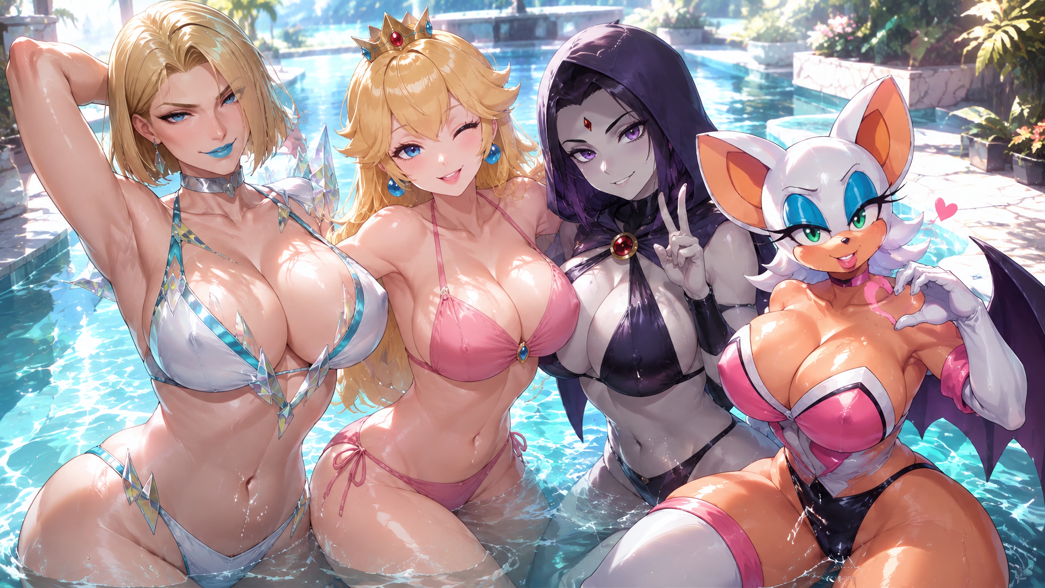 2d, 2d (artwork), 4girls, 4k, ai, ai generated, anthro, bat, bat girl, bat wings, bikini, blonde, blonde female, blonde hair, blue eyes, breasts, breasts bigger than head, crossover, crown, dark hair, dc, dc comics, emma frost, emma frost (marvel rivals), eyeshadow, female, female focus, female only, furry, furry female, goth, goth girl, gothic, gothic girl, green eyes, heart, heart symbol, high resolution, highres, hood, hood up, huge breasts, human, human female, large breasts, light skin, light-skinned female, lipstick, looking at viewer, mario (series), marvel, marvel rivals, mommy, mommy milkers, nintendo, nipples, nipples visible through clothing, pale skin, pale-skinned female, pool, pose, posing, posing for picture, posing for the viewer, princess, princess peach, purple eyes, raven (dc), revealing, revealing clothes, rouge the bat, royal, royalty, sega, sonic (series), sonic the hedgehog (series), super mario bros., swimming pool, swimsuit, teen titans, wallpaper