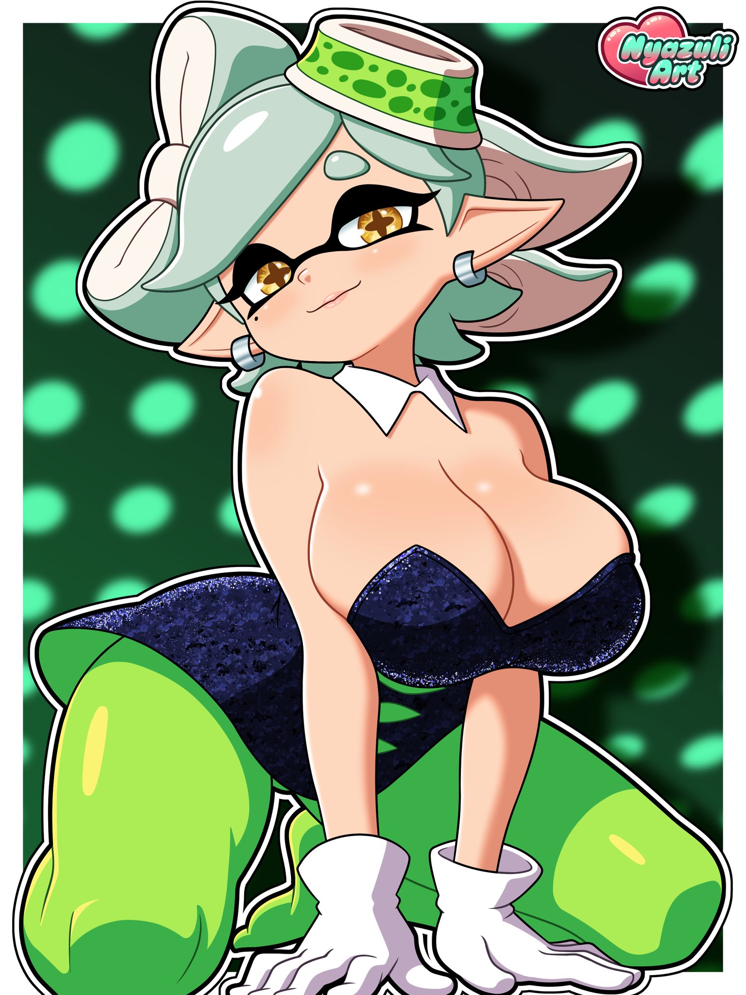 big breasts, breasts, cleavage, collar, earrings, huge breasts, kneeling, large breasts, looking at viewer, marie (splatoon), nyazuliart, pantyhose, pose, posing, sexy, sitting, smug, smug face, splatoon, splatoon (series), thick thighs, thighs, white hair, yellow eyes