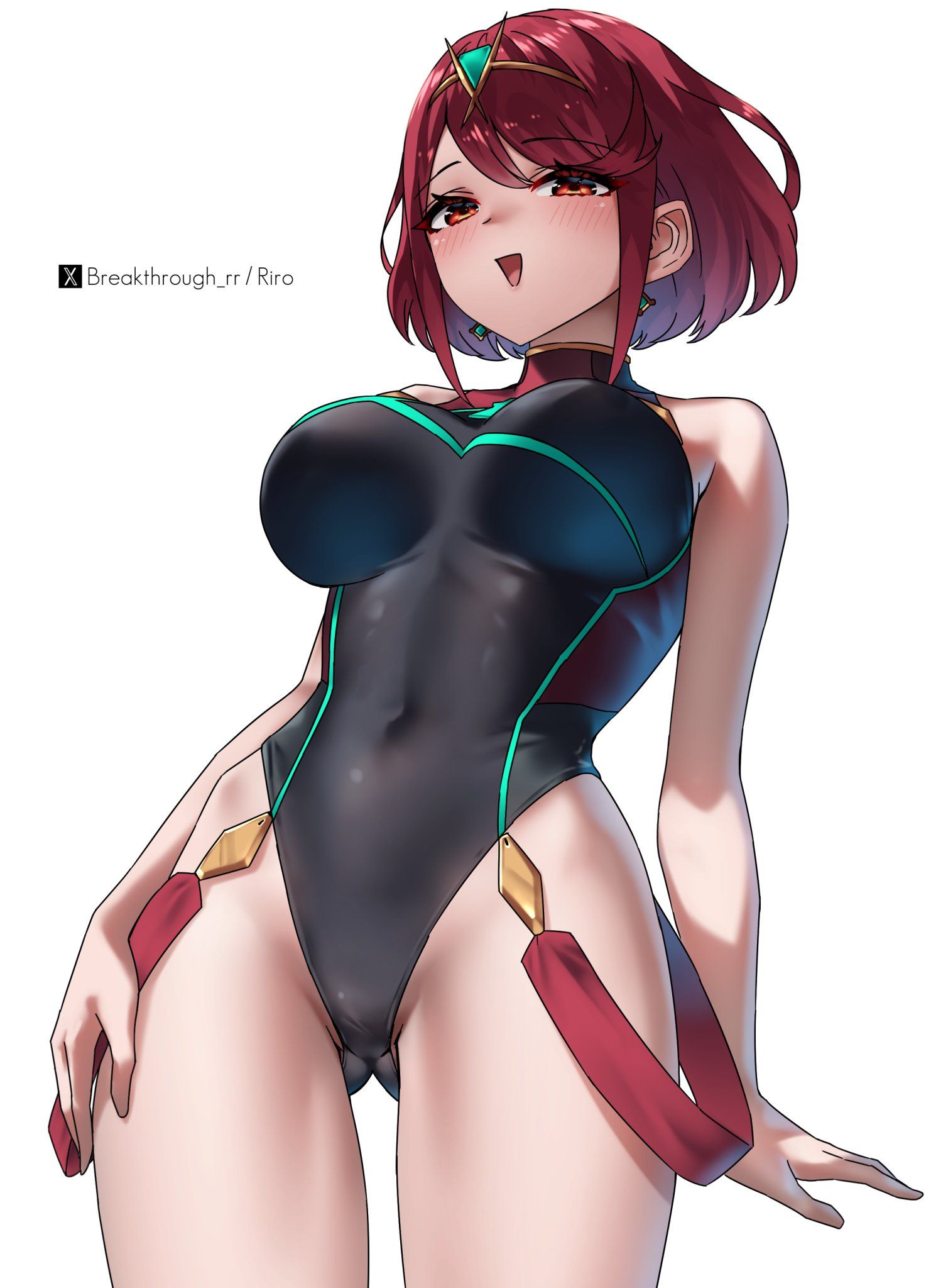 ///, 1girls, 2d, 2d (artwork), 2d artwork, adult, adult female, ass visible from the front, ass visible through thighs, background, baddie, bare arms, bare hands, bare hips, bare legs, bare shoulders, bare skin, bare thighs, belly, belly button, below view, bewitching thighs, big boobs, big breasts, bikini, black bikini, black one-piece swimsuit, black swimsuit, black swimwear, blank background, blush, blush face, blush lines, blushing, blushing at viewer, blushing female, blushing lines, breakthrough rr, breasts, busty, busty female, busty girl, child bearing hips, curvaceous, curvaceous body, curvaceous female, curvaceous figure, curvaceous hips, curvy, curvy body, curvy female, curvy figure, curvy hips, digital, digital art, digital drawing, digital drawing (artwork), digital media, digital media (artwork), down angle, down view, drawing, earrings, exposed arms, exposed hips, exposed legs, exposed shoulders, exposed skin, exposed thighs, eyebrows visible through hair, female, female focus, female only, fertile, fertile hips, fingers, fit female, flushed, flushed cheeks, flushed face, from below, from below view, from bottom to top, from front, front view, groin, groin tendon, hair ornament, hand on leg, hand on own leg, hand on own thigh, hand on thigh, hip dips, hourglass figure, inframammary fold, inguinal crease, inguinal ligament, inner thighs, knees out of frame, large boobs, large breasts, lascivious, lean figure, leg out of frame, legs out of frame, linea alba, looking at viewer, looking down, looking down at viewer, low angle, low angle view, low-angle shot, low-angle view, mature, mature female, mature woman, monotone background, narrow waist, navel, one color background, one-piece swimsuit, open mouth, open mouth smile, parted lips, partially exposed vulva, partially visible vulva, plain background, portrait, pyra, pyra (xenoblade), red eyes, red hair, red-eyed female, red-haired female, short hair, shoulders, slender body, slender waist, slim female, slim waist, smile, smiley face, smiling, smiling at viewer, solid color background, solo, standing, stomach, swimsuit, swimwear, thigh gap, thighs, tiara, tongue, top down view, top view, touching leg, touching thigh, under view, underboob, upper body, upward angle, white background, wide hips, woman, worm's-eye view, worms-eye view, xenoblade (series), xenoblade chronicles 3