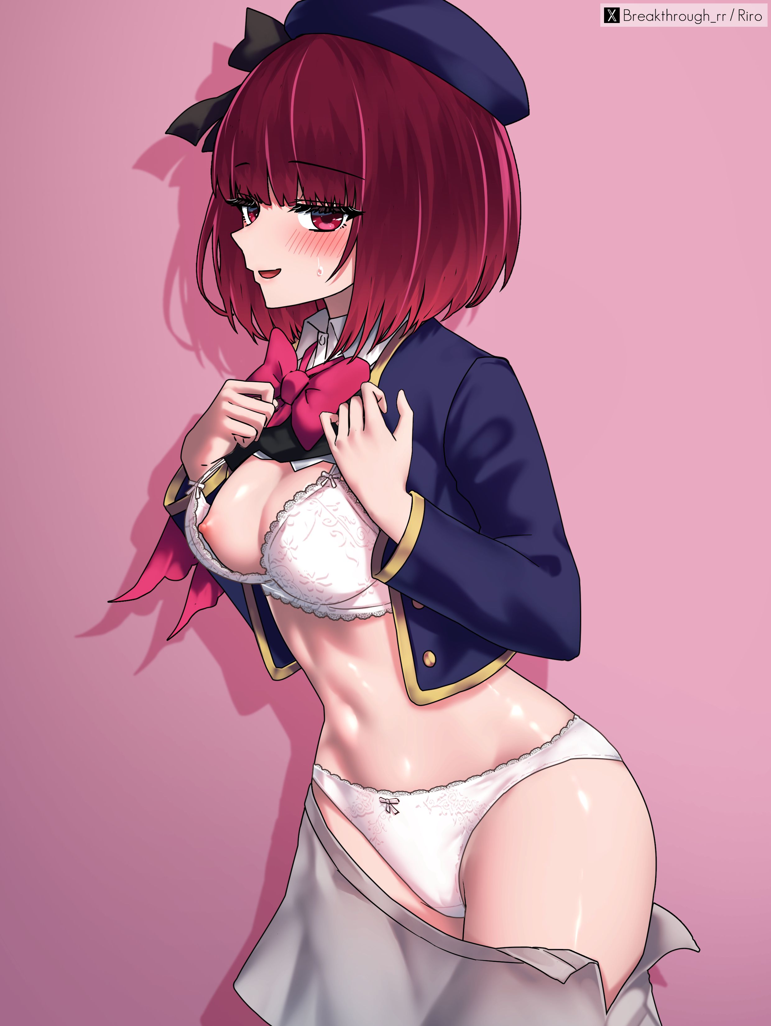 ///, 1girls, 2d, 2d (artwork), 2d artwork, actor, alternate version, alternate version at source, alternate version available, alternative version, alternative version available, anime, anime character, areola, areolae, arima kana, asian, asian female, asian girl, asian woman, average breasts, background, belly, belly button, beret, blunt bangs, blush face, blush lines, blushing, blushing at viewer, blushing female, blushing lines, bob cut, bra, breakthrough rr, breasts, cleavage, clothed version, curvaceous body, curvaceous female, curvaceous figure, curvaceous hips, curvaceous teenager, curvy, curvy body, curvy female, curvy figure, curvy hips, curvy teen, digital, digital art, digital drawing, digital drawing (artwork), digital media, digital media (artwork), doga kobo, drawing, elbows, embarrassed, embarrassed expression, embarrassed female, exposing, exposing breasts, exposing chest, exposing nipple, exposing self, eye-level view, eyebrows visible through hair, fanart, female, female focus, female only, female protagonist, fingers, flushed, flushed cheeks, flushed face, flustered, flustered female, frilled bra, frilled panties, frilled underwear, from side, glossy breasts, glossy nipples, grey skirt, groin, high school student, inguinal crease, inguinal ligament, inverted bob, japanese, japanese female, japanese girl, japanese woman, knees out of frame, large breasts, lean figure, leg out of frame, legs out of frame, looking at viewer, manga character, medium breasts, midriff, monotone background, more at source, narrow waist, navel, nipples, nude version available, one color background, open mouth, open mouth smile, oshi no ko, panties, parted lips, pink areola, pink areolae, pink background, pink nipples, plain background, portrait, presenting breasts, presenting nipples, red eyes, red hair, red-eyed female, red-haired female, revealing breasts, school girl, shiny breasts, shiny legs, shiny nipples, shiny skin, shiny thighs, short hair, shoulders, showing breasts, showing chest, showing nipple, shueisha, side view, skirt, slender body, slender waist, slim female, slim waist, smile, smiley face, smiling, smiling at viewer, solid color background, solo, standing, teen girl, teenage girl, teenager, thighs, three quarter view, three-quarter view, tongue, top view, underwear, upper body, white bra, white panties, white underwear, wide hips, young female, young jump, young woman