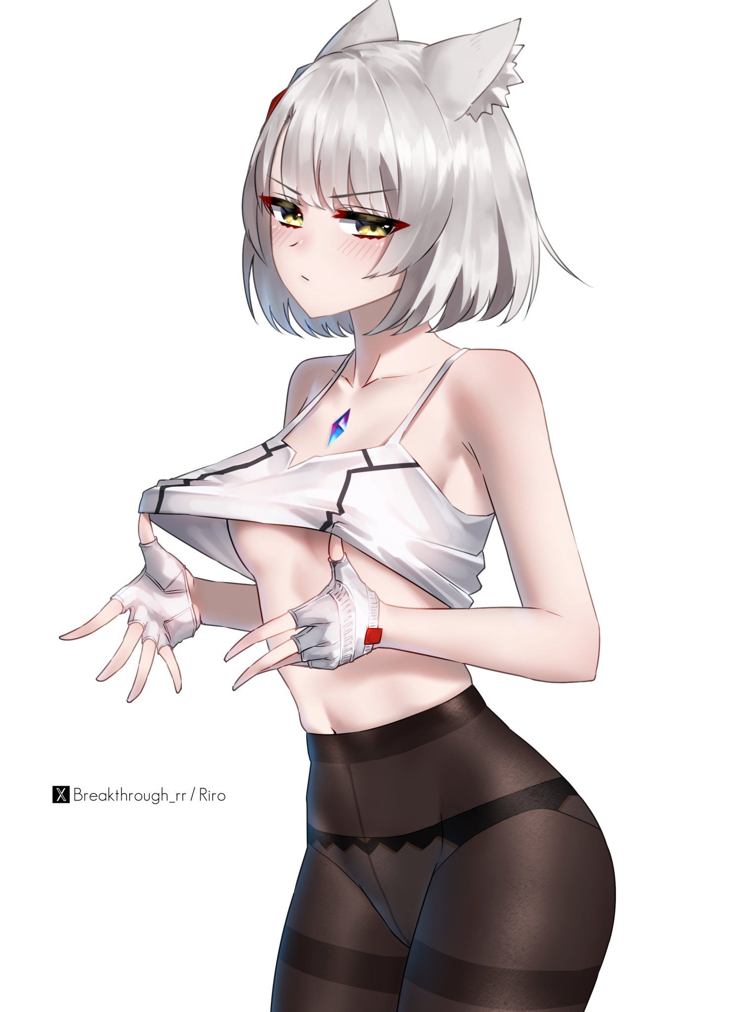 1girls, 2d, 2d (artwork), 2d artwork, animal ear fluff, animal ears, background, bare arms, bare belly, bare chest, bare midriff, bare shoulders, bare skin, belly, belly button, black legwear, black pantyhose, black stockings, black tights, blank background, bra, breakthrough rr, breasts, collarbone, digital, digital art, digital drawing, digital drawing (artwork), digital media, digital media (artwork), drawing, elbows, exposed arms, exposed belly, exposed chest, exposed midriff, exposed shoulders, exposed skin, exposing, exposing breasts, exposing chest, exposing self, eye-level view, eyebrows visible through hair, female, female focus, female only, fingerless gloves, fingers, from side, frown, frown eyebrows, frowning, frowning at viewer, gloves, groin, inguinal crease, inguinal ligament, knees out of frame, lean figure, legwear, looking at viewer, looking sideways, looking to the side, matching underwear, midriff, mio (xenoblade), monotone background, narrow waist, navel, one color background, panties, pantyhose, petite, petite body, petite breasts, petite female, petite girl, petite tits, plain background, portrait, posing, posing for the viewer, posing naked, posing nude, presenting breasts, revealing breasts, scowl, short hair, shoulders, showing breasts, showing chest, side view, silver hair, silver hair female, silver-haired female, slender body, slender waist, slim female, slim waist, small boobs, small breasts, small tits, solid color background, solo, standing, stockings, thighband pantyhose, thighs, three quarter view, three-quarter view, tights, tiny breasts, tiny tits, top view, underboob, underwear, upper body, white background, white bra, white fingerless gloves, white gloves, white panties, white underwear, wide hips, xenoblade (series), xenoblade chronicles 2, yellow eyes, yellow-eyed female