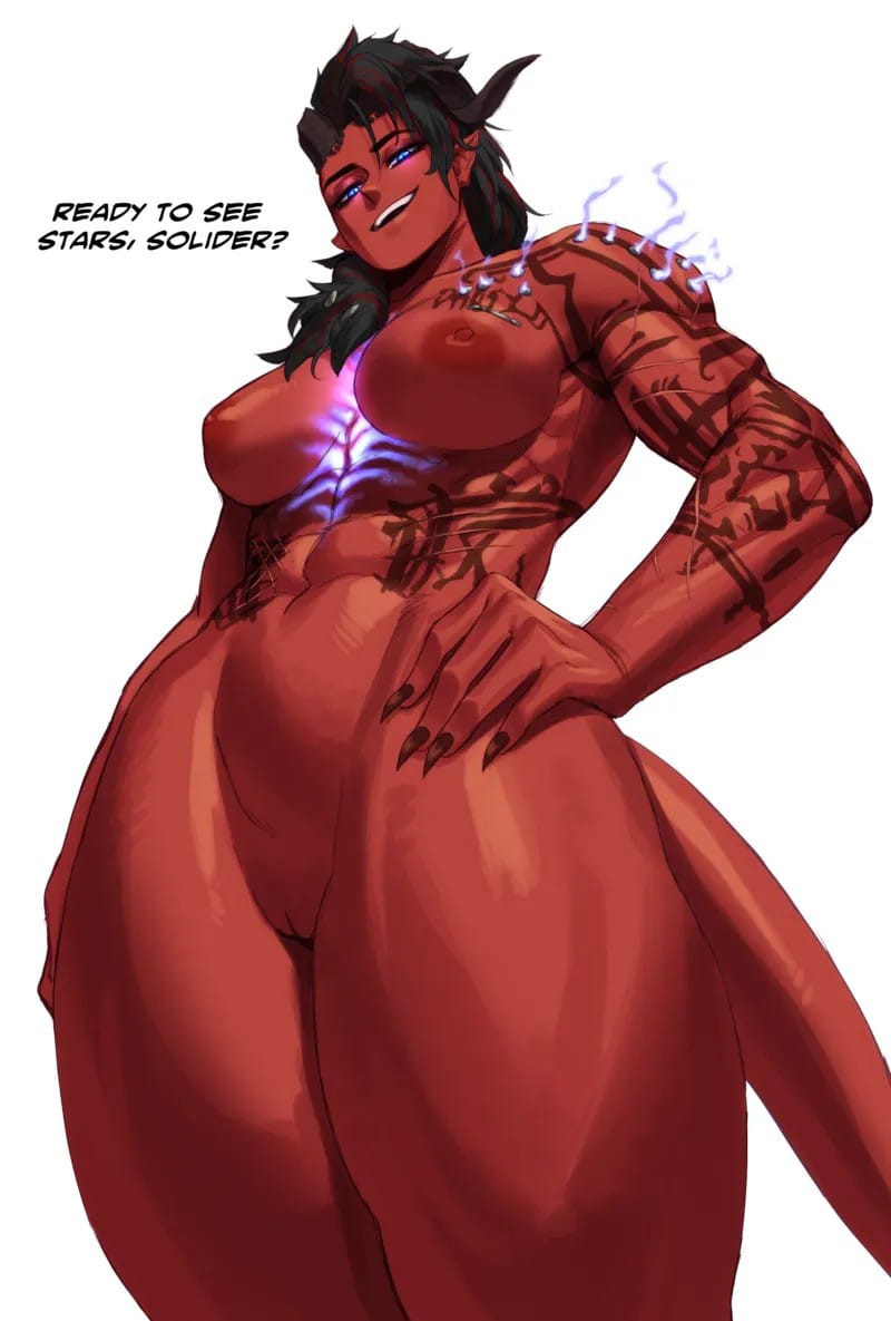 1girls, baldur's gate, baldur's gate 3, clothed, clothed female, clothing, female, female only, karlach, looking at viewer, looking down at viewer, muscular, muscular female, not porn, red body, red skin, smile, solo, sotcho, tagme, tiefling, tiefling girl