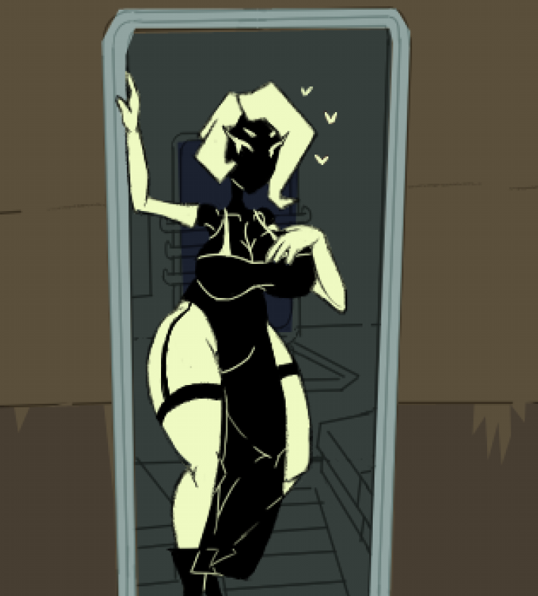 1girls, 2d, beholder (series), beholder conductor, big breasts, black body, breasts, cleavage, clothed female, coloringthecat (artist), dress, female, female only, garter straps, michelle shimanskaya, no sex, softcore, solo, solo female, stockings, white hair