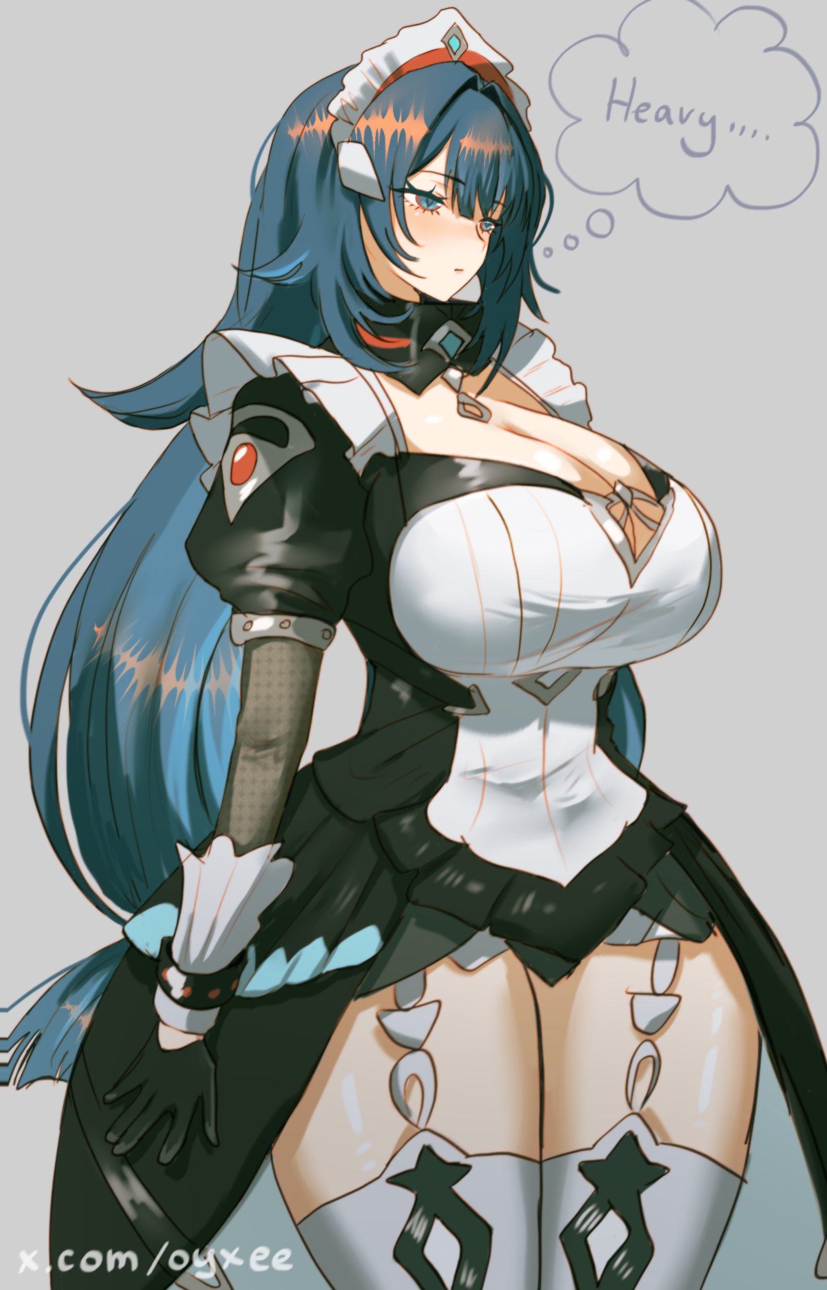 1girls, breasts, cleavage, danica (genshin impact), female, female focus, female only, genshin impact, large breasts, light skin, light-skinned female, oyxee, solo, thick thighs, thighhighs, thighs, wide hips