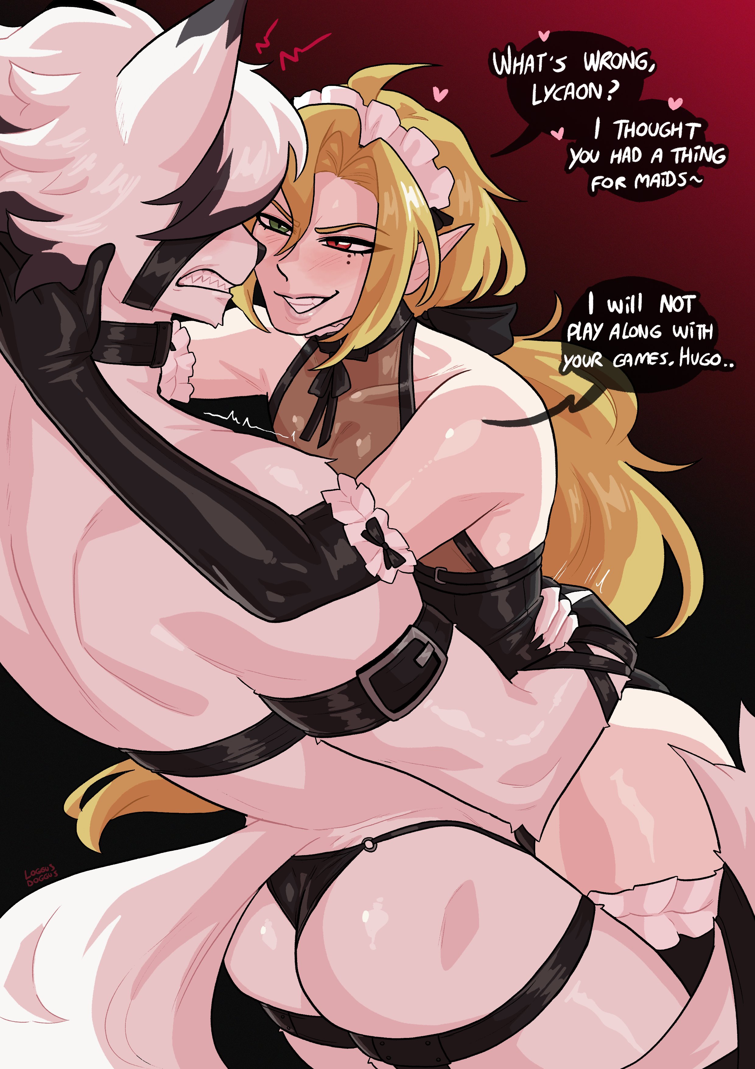 <3, 2boys, anthro, ass, blonde hair, canid, canine, dialogue, english text, femboy, gay, gay male, green eyes, grin, heterochromia, hugging, hugo vlad, light skin, loggus doggus, long hair, maid headdress, maid outfit, male, male only, male/male, mihoyo, narrowed eyes, pointy ears, red eyes, skimpy, skimpy clothes, smiling, speech bubble, tail, teeth clenched, very high resolution, von lycaon, white hair, wolf, yaoi, zenless zone zero