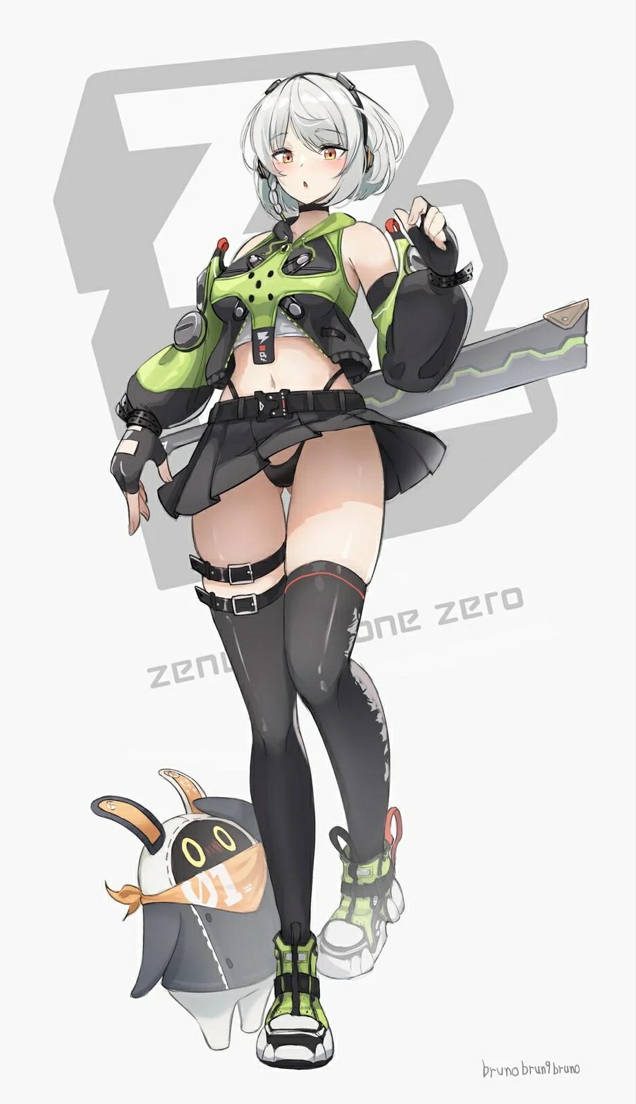:o, 1girl, anby demara, artist name, eous (zenless zone zero), pantyshot, short hair, solo female, sword, thong, zenless zone zero