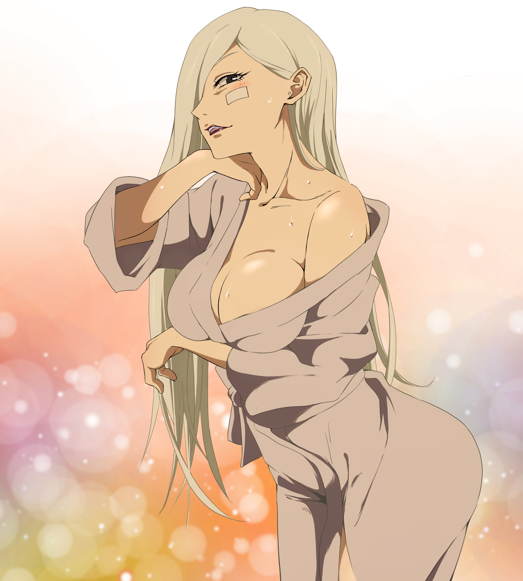 1girls, 2023, arm under breasts, bathrobe, big breasts, black eyes, breasts, cleavage, ear piercing, earrings, female, female only, hair, hair over one eye, hips, hugimosi, jujutsu kaisen, lips, lipstick, long hair, loose hair, mature, mature female, mature woman, mei mei (jujutsu kaisen), red lips, red lipstick, robe, robe only, solo, solo female, sweat, sweatdrop, white hair