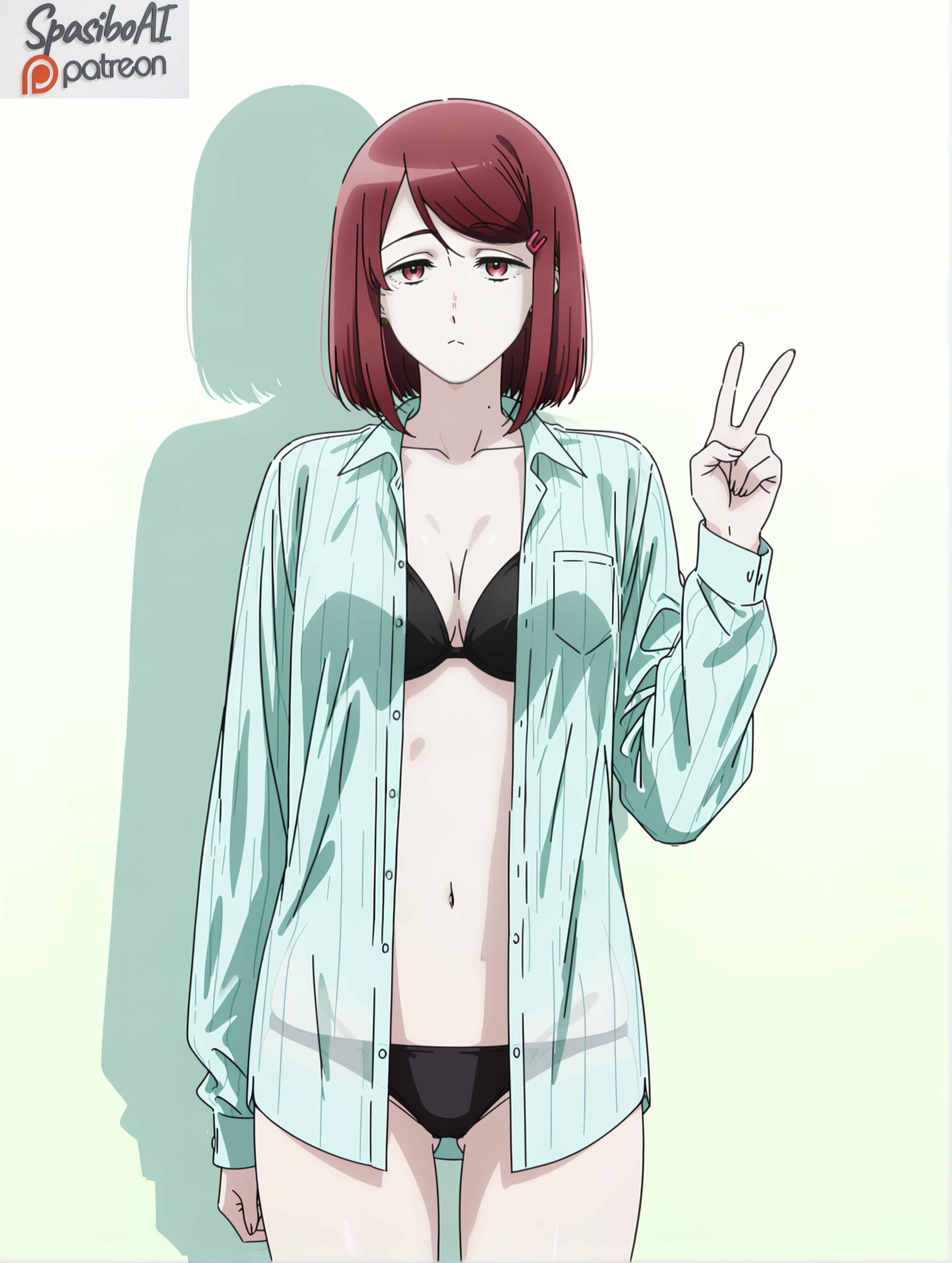 1girl, ai generated, arm at side, ass visible through thighs, bikini, bikini under clothes, black bikini, black bra, black panties, blue shirt, bra, breast pocket, breasts, cleavage, closed mouth, collarbone, collared shirt, cowboy shot, dress shirt, expressionless, green shirt, hand up, long sleeves, looking at viewer, medium breasts, medium hair, navel, no pants, open clothes, open shirt, panties, pocket, red eyes, red hair, see-through, see-through shirt, shadow, shirt, short hair, simple background, solo, standing, stomach, striped clothes, striped shirt, super no ura de yani suu futari, swept bangs, swimsuit, tail, unbuttoned, unbuttoned shirt, underwear, v, vertical-striped clothes, vertical-striped shirt, white background, yamada (super no ura de yani suu futari)