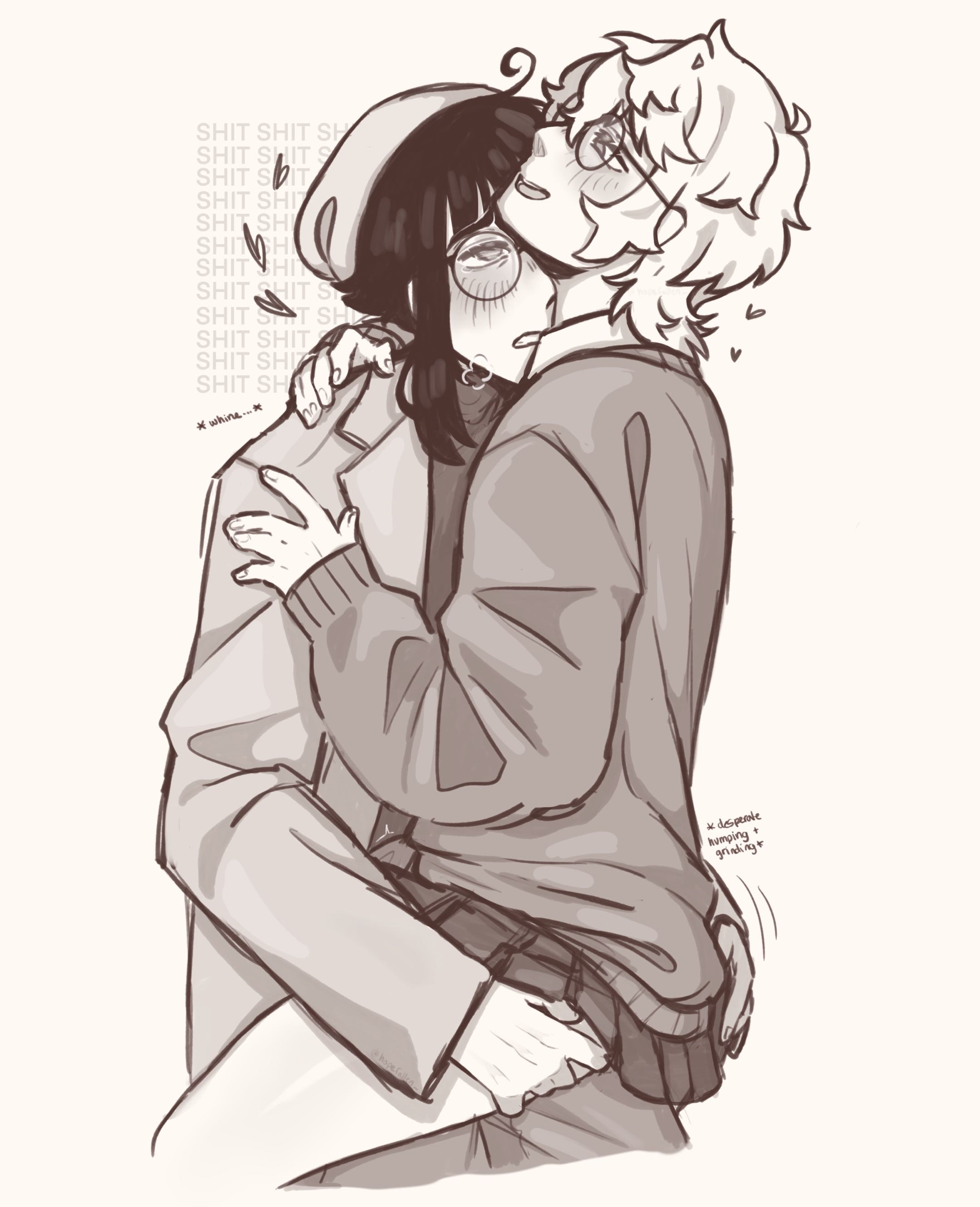 2boys, arm around neck, big hands, black hair, breath cloud, circle glasses, desperation, dry humping, femboy, gay, ghost eyes, glasses, grabbing, grabbing thighs, grinding, grinding through clothes, hearts around head, held up, hopefallen, inner monologue, legs around partner, losing control, loss of control, male yandere, oc, oc x canon, panting, school uniform, size difference, skirt, skirt up, small hands, smug, smug face, sociopath, sweater, taller male, text, trenchcoat, twink, white hair, yandere, yaoi