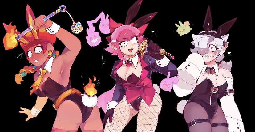 3girls, amber (brawl stars), brawl stars, bunny ears, bunnysuit, colette (brawl stars), female only, melodie (brawl stars)