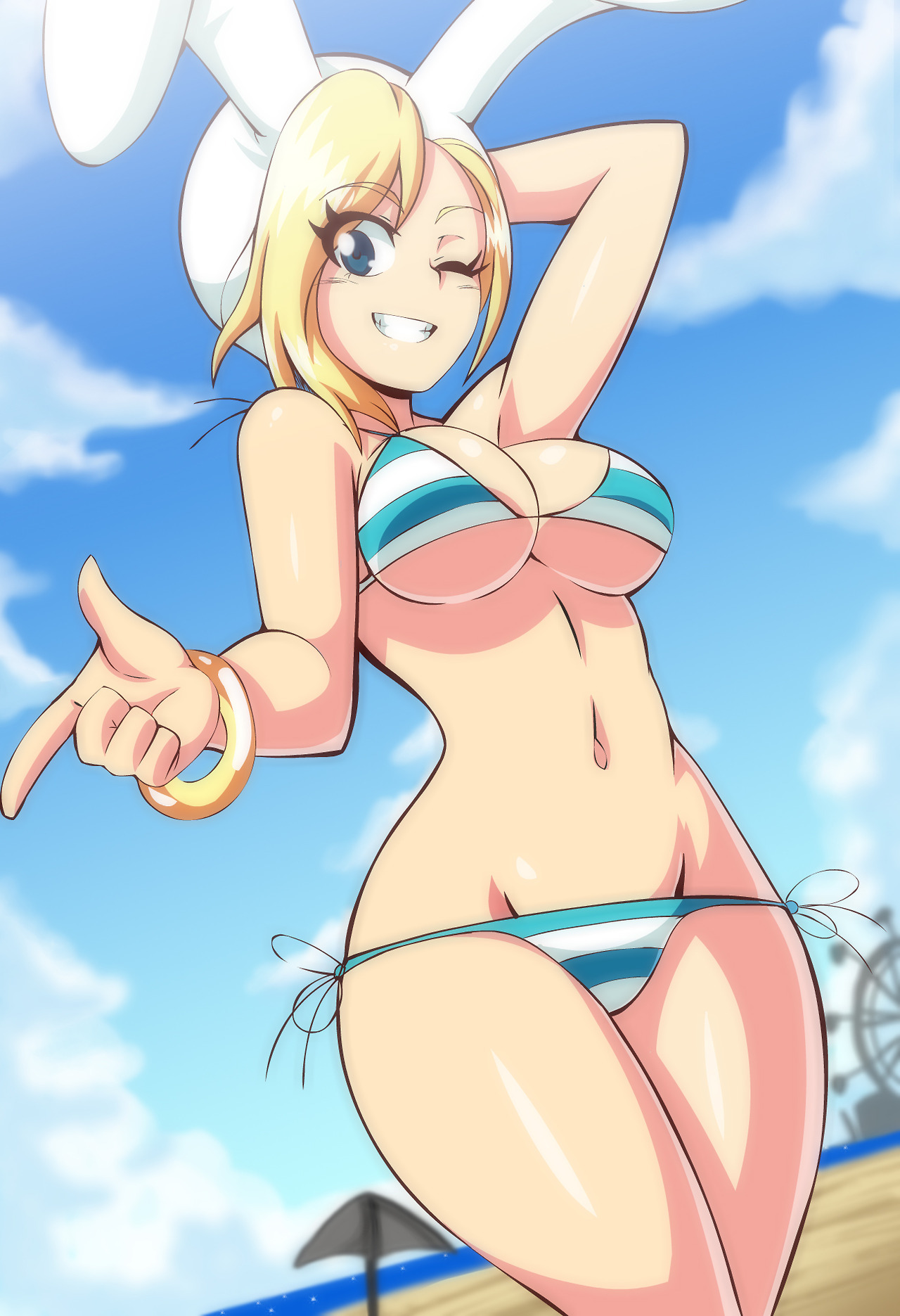 1girls, adventure time, beach, bikini, blonde hair, blonde-haired female, blue eyes, bracelet, breasts, dutch angle, female, female only, fionna the human girl, fully clothed, lewdamone, solo, swimsuit, underboob, wink, winking
