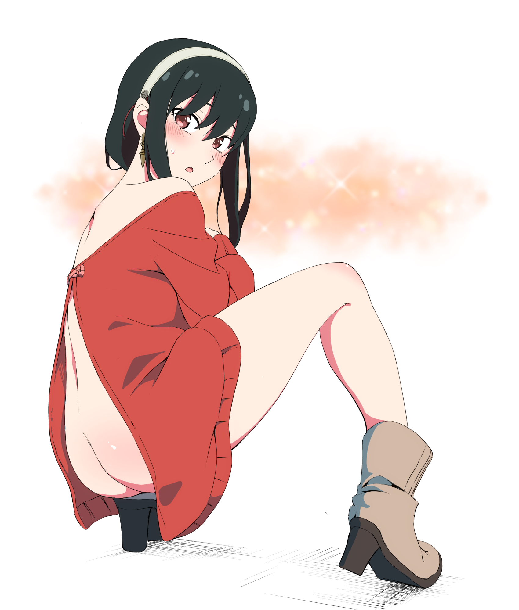 1girls, 2023, ass, ass cleavage, bare legs, big ass, black hair, blush, boots, breasts, clothing, ear piercing, earrings, female, female only, footwear, hair, high heel boots, hugimosi, legs, looking back, mature, mature female, mature woman, milf, red eyes, red sweater, solo, solo female, spy x family, squatting, sweat, sweater, sweater dress, yor briar