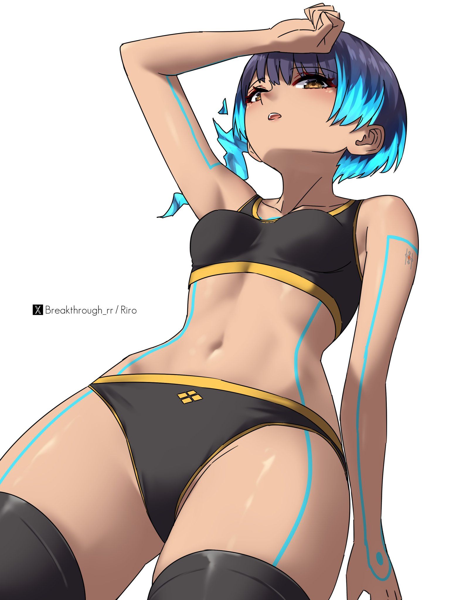 1girls, 2d, 2d (artwork), 2d artwork, arm up, armpit, armpit crease, armpit peek, armpits, background, bare armpits, bare arms, bare belly, bare hands, bare hips, bare midriff, bare navel, bare shoulders, bare skin, belly, belly button, below view, black bra, black legwear, black panties, black stockings, black thigh highs, black thighhighs, black underwear, blank background, blue hair, blue-haired female, bra, breakthrough rr, breasts, breasts apart, brown belly, brown body, brown boobs, brown breasts, brown eyes, brown face, brown female, brown legs, brown skin, brown skinned female, brown-eyed female, brown-skinned female, collarbone, digital, digital art, digital drawing, digital drawing (artwork), digital media, digital media (artwork), down angle, down view, drawing, dynamic angle, elbows, exposed armpits, exposed arms, exposed belly, exposed hips, exposed midriff, exposed navel, exposed shoulders, exposed skin, eyebrows visible through hair, female, female focus, female only, fingers, fit female, from below, from below view, from bottom to top, from front, front view, gradient hair, groin, hairless armpits, hand up, hip dips, inframammary fold, inguinal crease, inguinal ligament, knees out of frame, lean figure, leg out of frame, legs out of frame, legwear, linea alba, long hair, looking at viewer, looking down, looking down at viewer, low angle, low angle view, low-angle shot, low-angle view, midriff, monotone background, multicolored hair, narrow waist, navel, one color background, open mouth, panties, parted lips, perspective shot, petite, petite body, petite breasts, petite female, petite girl, petite tits, plain background, ponytail, portrait, sena (xenoblade), shaved armpits, shoulders, side ponytail, slender body, slender waist, slim female, slim waist, small boobs, small breasts, small tits, solid color background, solo, split-color hair, sports bra, sports panties, sports underwear, standing, stockings, stomach, thigh gap, thigh highs, thighhighs, thighs, thighs out of frame, tied hair, tiny breasts, tiny tits, tongue, top down view, top view, two tone hair, two-tone hair, under view, underboob, underwear, upper body, upper teeth, upward angle, white background, wide hips, worm's-eye view, worms-eye view, xenoblade (series)