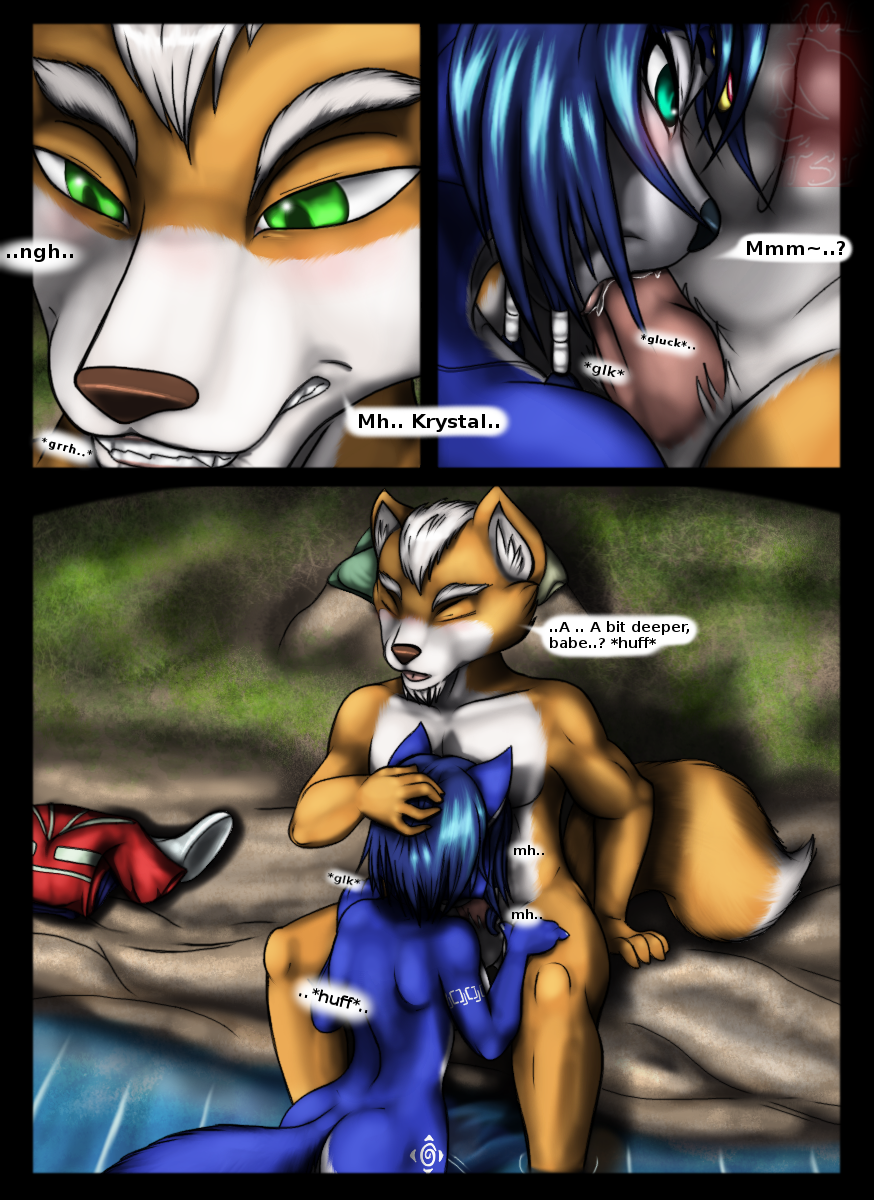 2014 anthro canid canine canon_couple comic dialogue duo english_text erection fellatio female fox fox_mccloud genitals hi_res krystal male male/female mammal moltsi nintendo nude oral penile penis sex skinny_dipping star_fox text video_games