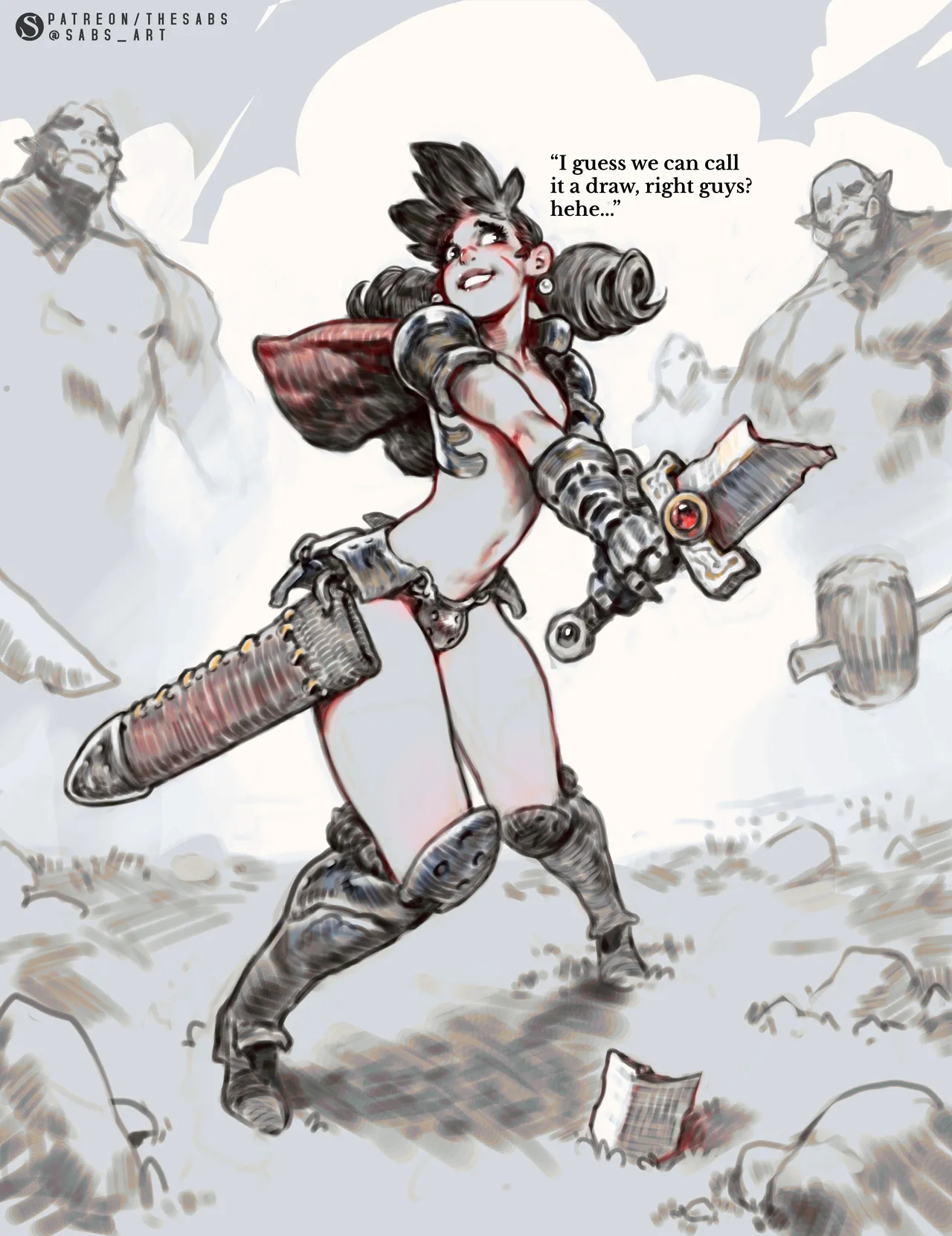 armored femboy, broken sword, bulge, bulge through clothing, crowd, cute face, femboy, gay, gay male, nervous expression, orcs, sabudenego, trap, yaoi