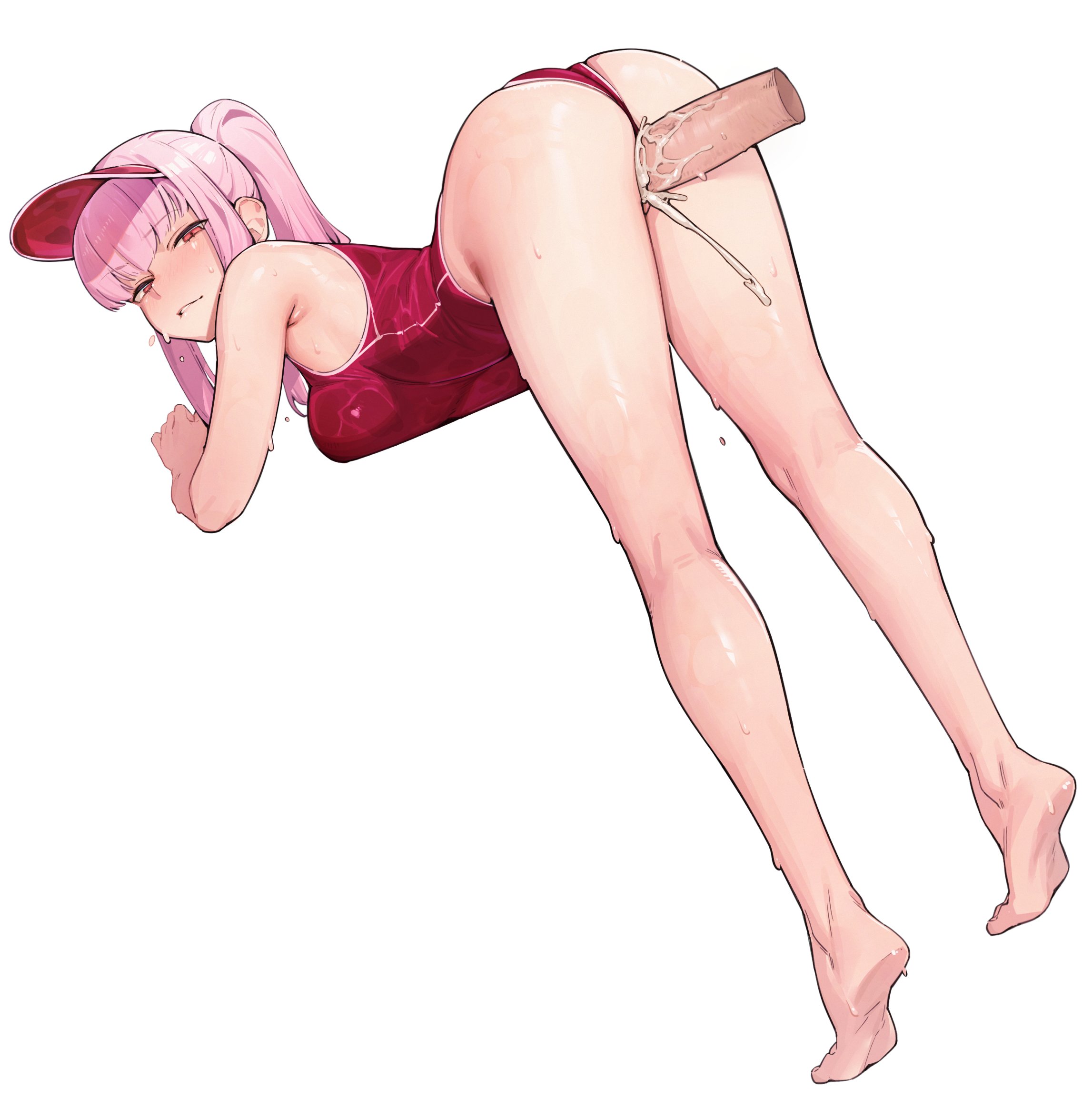 1boy, 1girls, armpit crease, ass, barefoot, bending forward, bending over, bent over, big breasts, blush, breasts, creampie, cum, cum in pussy, cum inside, disembodied penis, doggy style, doggystyle, female, hololive, hololive english, hololive myth, large breasts, long hair, looking at viewer, male, mori calliope, one piece swimsuit, orgasm, penis, pink hair, ponytail, rat huang, red eyes, sex, sweat, sweatdrop, swimsuit, swimsuit aside, uncensored, vaginal, vaginal penetration, vaginal sex, virtual youtuber, visor, visor cap