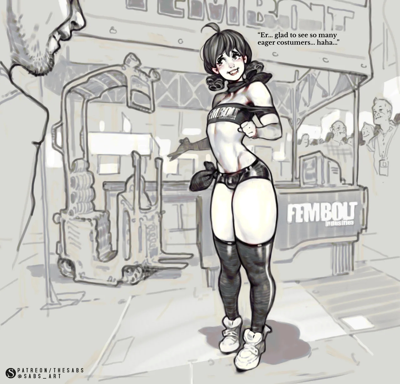 bulging balls, crowd, cute, femboy, gay, gay male, hotpants, innocent expression, nervous expression, sabudenego, thick legs, thick thighs, trap, yaoi