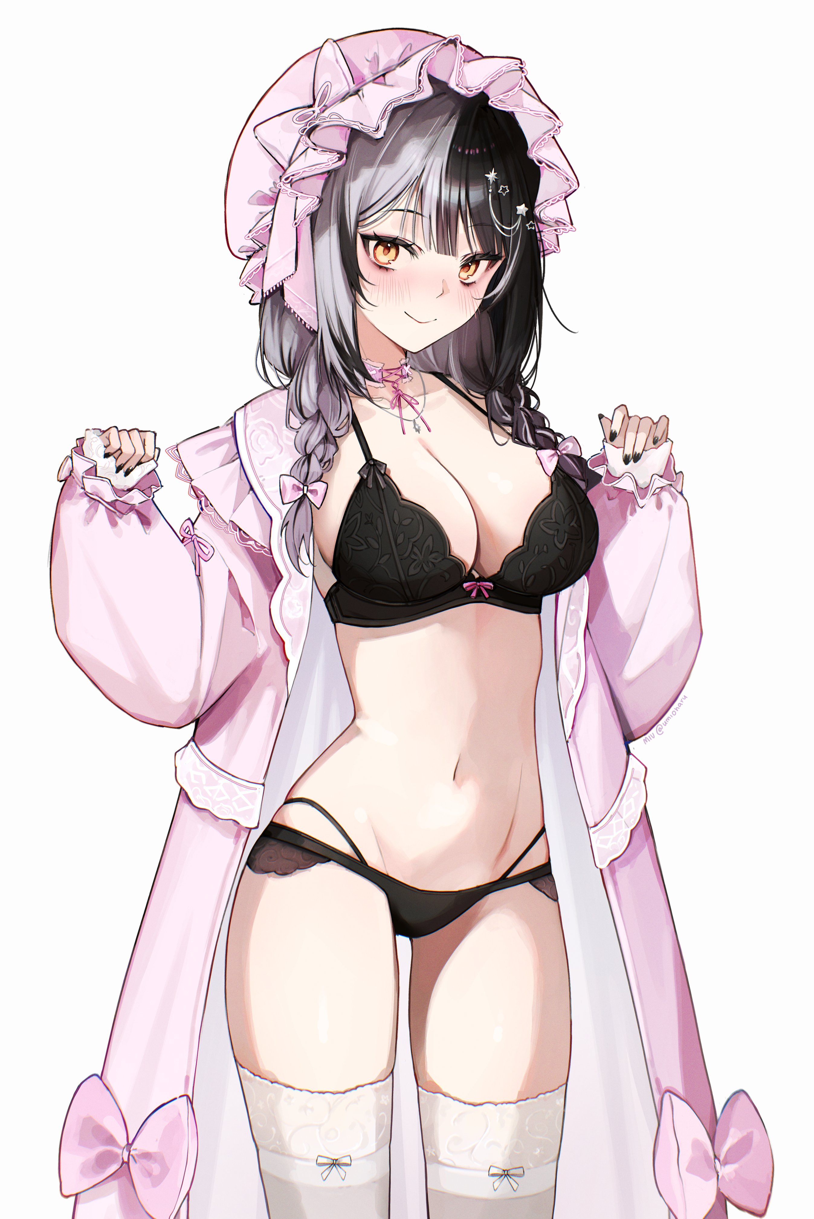 1girl, 1girls, absurd res, artist request, blush, bow, bra, coat, frills, hat, highres, hololive, hololive english, jewelry, large breasts, navel, shiori novella, sleepwear, smile, solo, stomach, virtual youtuber, yellow eyes
