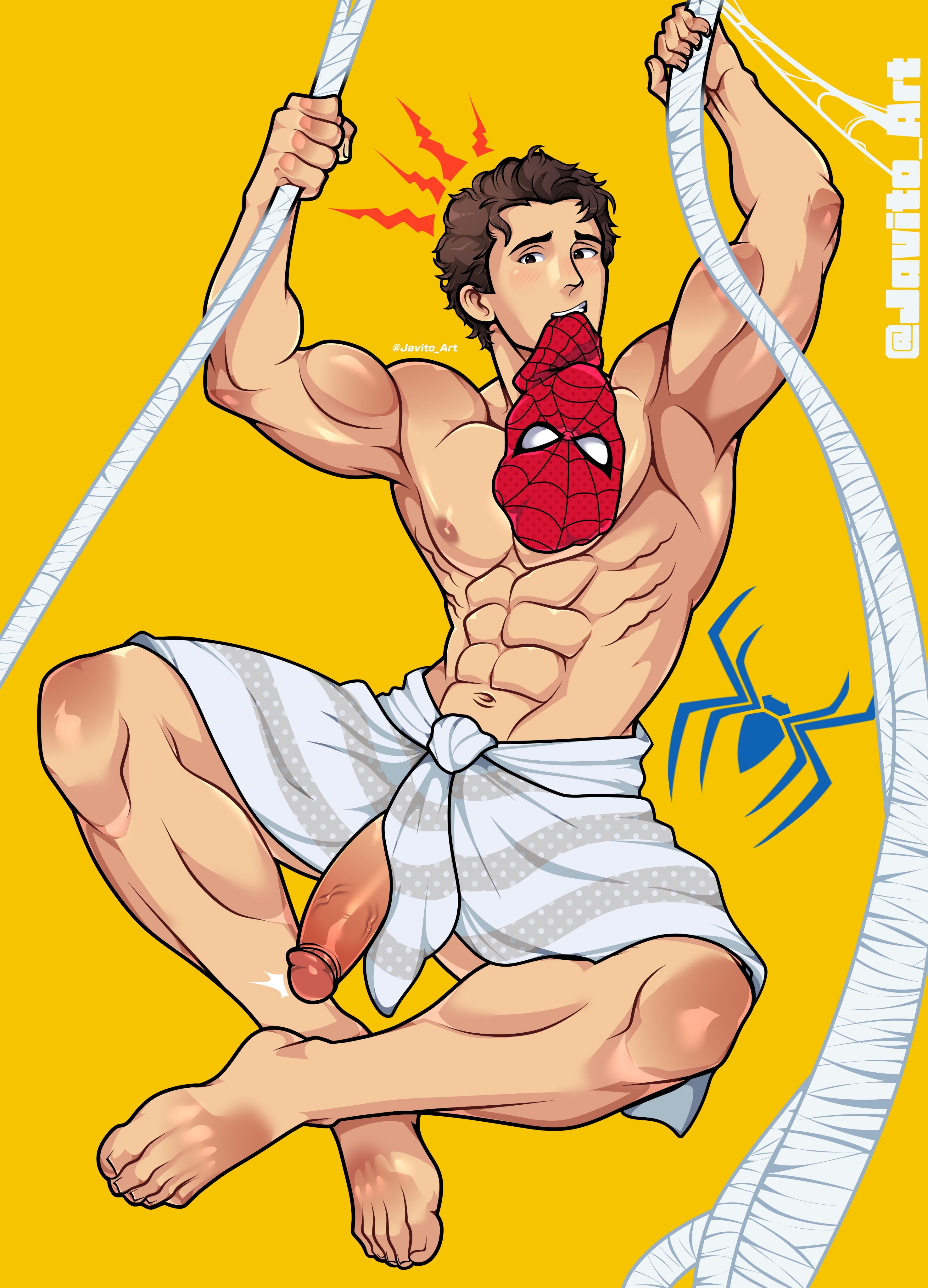 abs, arms up, bara, big pecs, big penis, blush, full body, javito art, male, male focus, male only, marvel, marvel cinematic universe, marvel comics, mask, muscular, muscular male, pecs, penis, penis out, peter parker, solo, solo focus, solo male, spider-man, spider-man (series), spider-man: brand new day, towel, veiny penis