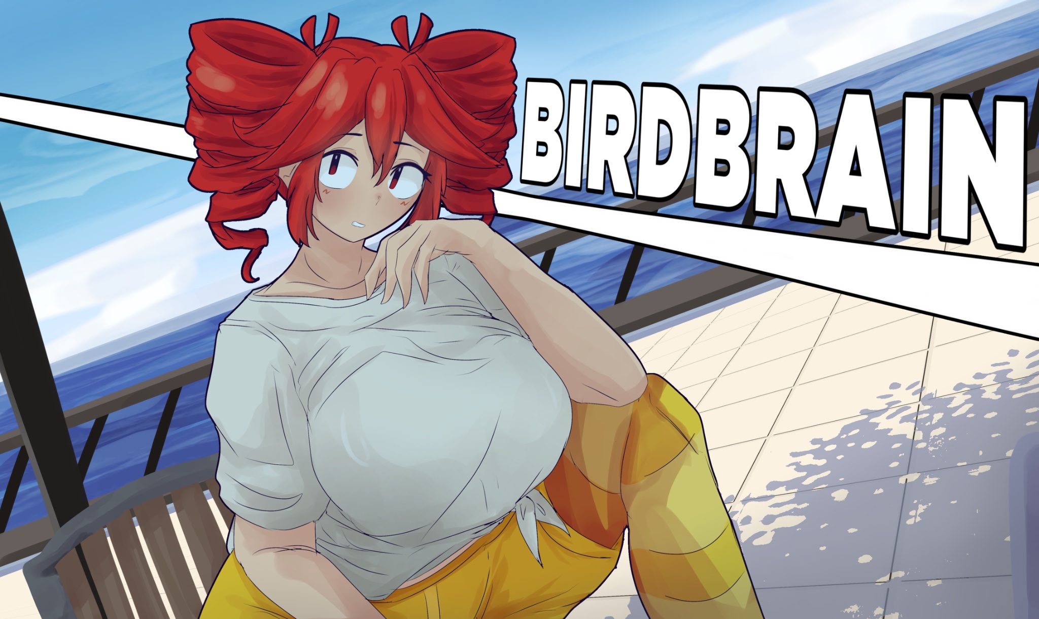2d, 2d (artwork), big breasts, birdbrain (synthesizer v), birdbrain teto, breasts, clothed, curvy, drawing, drill hair, fully clothed, huge breasts, kasane teto, light skin, red hair, sitting, synthesizer v, tagme, twin drills, twintails, utau, white shirt