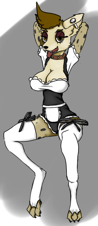 anthro breasts canine clothed clothing collar costume cruelpix female fur hair hyena kackle legwear looking_at_viewer maid_uniform mammal open_mouth simple_background smile teeth tongue tongue_out uniform