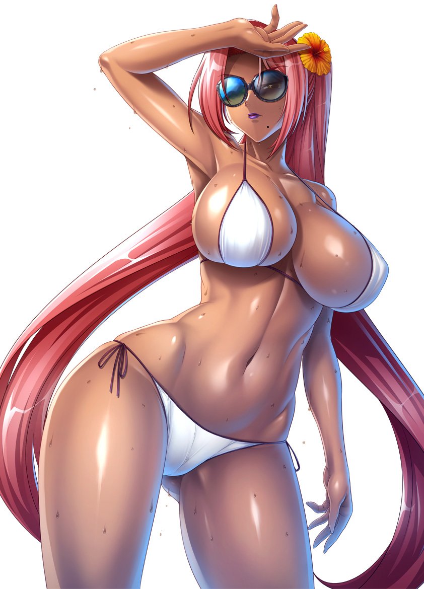 beauty mark, breasts, curvy, dark skin, dark-skinned female, female, female only, flower, hair flower, huge breasts, human, ingrid (taimanin asagi), kagami hirotaka, lilith-soft, lipstick, mole, navel, perky breasts, pink hair, purple lipstick, side-tie bikini, solo, standing, sunglasses, swimsuit, taimanin asagi, taimanin asagi battle arena, thick thighs, toned, very long hair, wet, white background, white bikini, wide hips