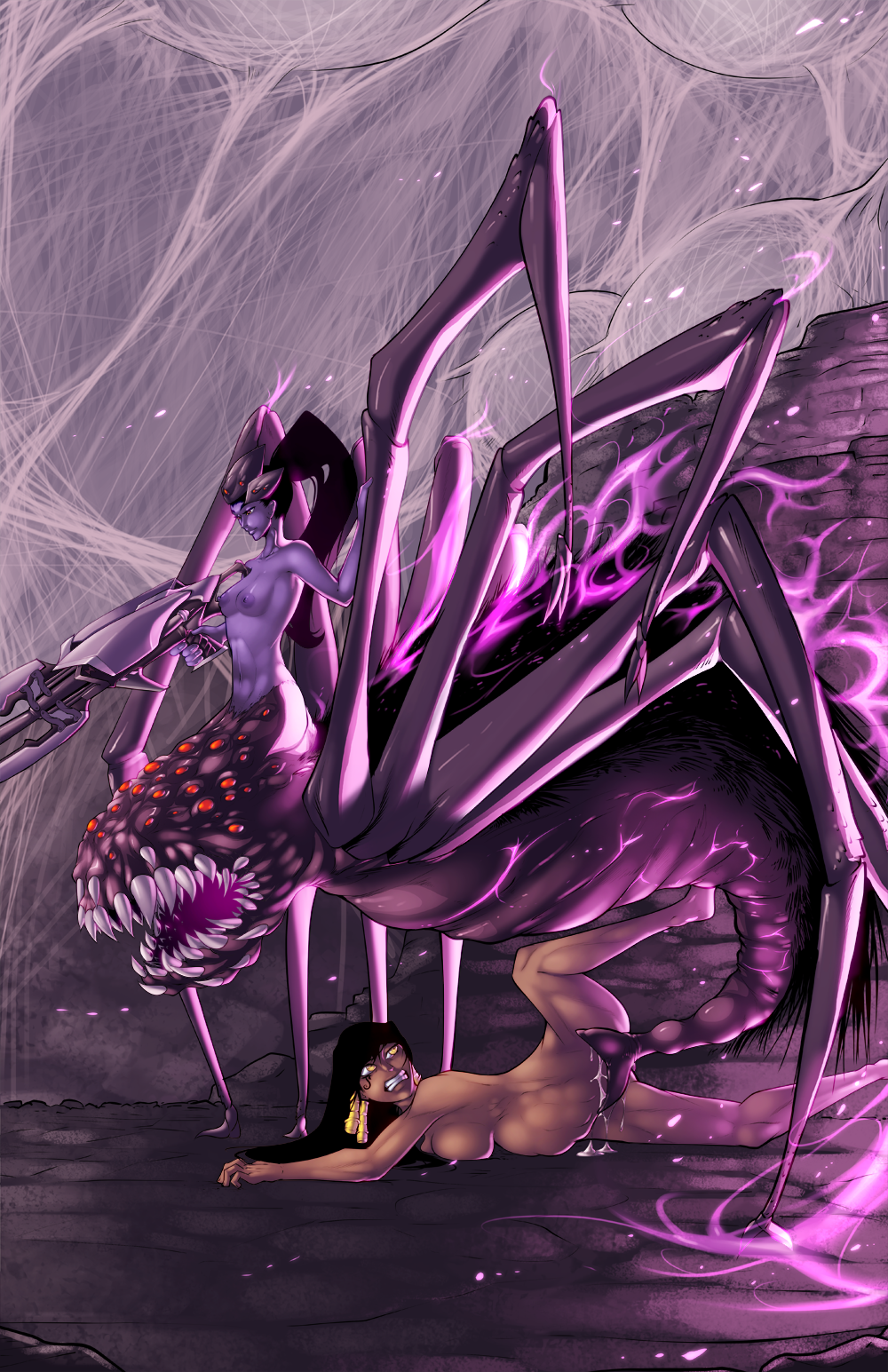 2girls arachne assault_rifle bakuhaku big_breasts black_hair breast_squish breasts chaos_witch_quelaag crossover dark_skin dark_souls egg_implantation female female_only gun hair human mammal monster monster_girl multi_eye multiple_girls nipples nude overwatch oviposition ovipositor penetration pharah ranged_weapon rifle small_breasts spread_legs spreading stomach_bulge teeth vaginal_penetration video_games weapon widowmaker