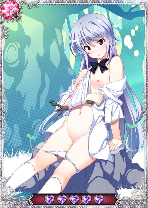 card_(medium) censored clothing female grisaia_(series) grisaia_no_kajitsu kazami_kazuki kneehighs long_hair looking_at_viewer mosaic_censoring navel nipples open_clothes open_shirt panties pussy red_eyes shirt silver_hair small_breasts solo underwear white_legwear white_panties white_shirt