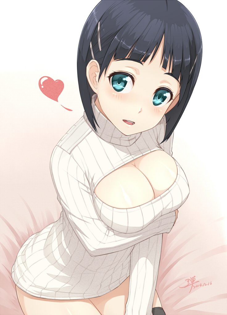 1girls adam700403 aqua_eyes black_hair black_legwear blush bob_cut breast_hold breasts cleavage cleavage_cutout goddess hair_ornament hairclip heart kirigaya_suguha large_breasts looking_at_viewer open-chest_sweater ribbed_sweater short_hair signature sitting solo sweater sword_art_online sword_art_online:_fairy_dance thighhighs turtleneck voluptuous