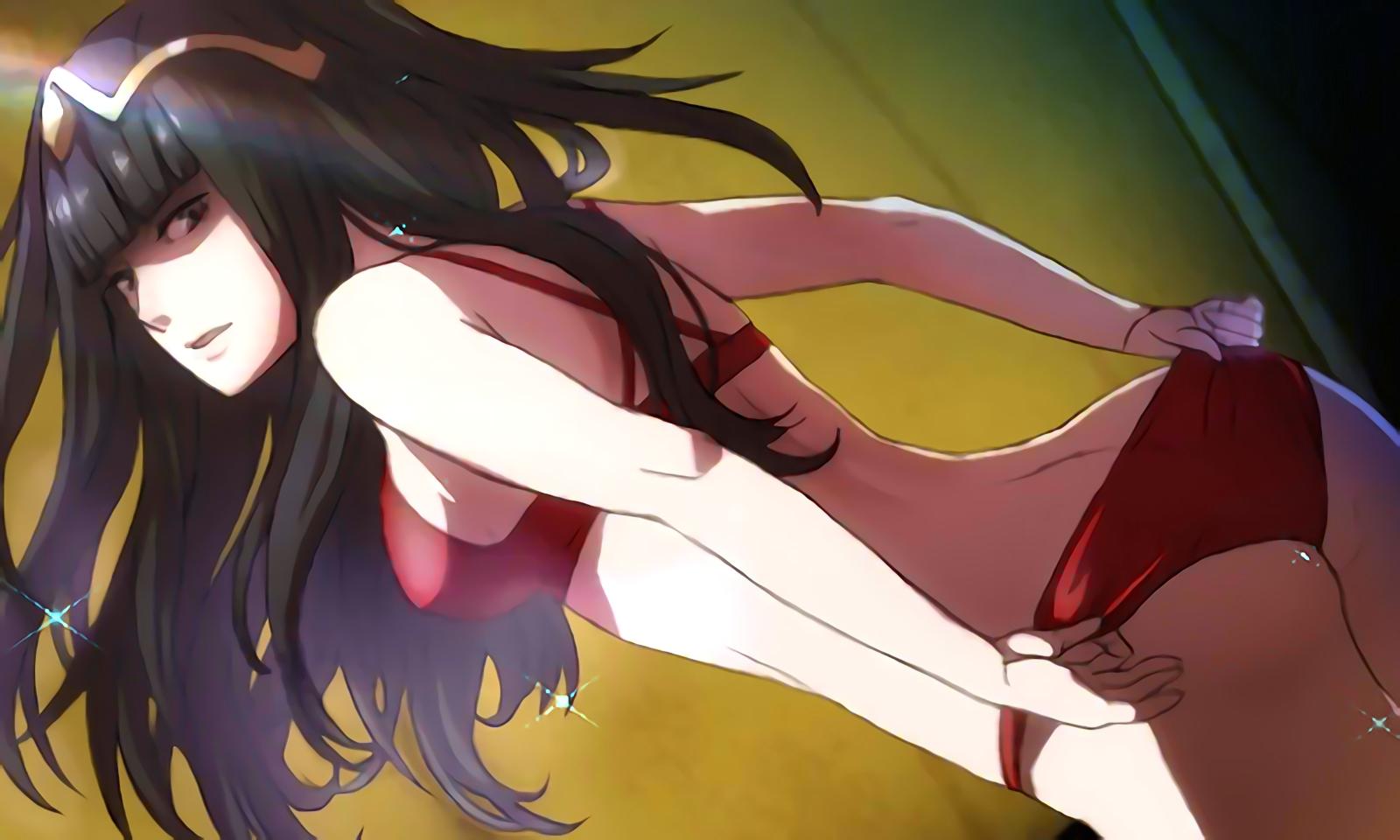 1girls, ass, bikini, black hair, female, female focus, female only, fire emblem, fire emblem awakening, official art, open mouth, red bikini, solo, tagme, tharja (fire emblem)