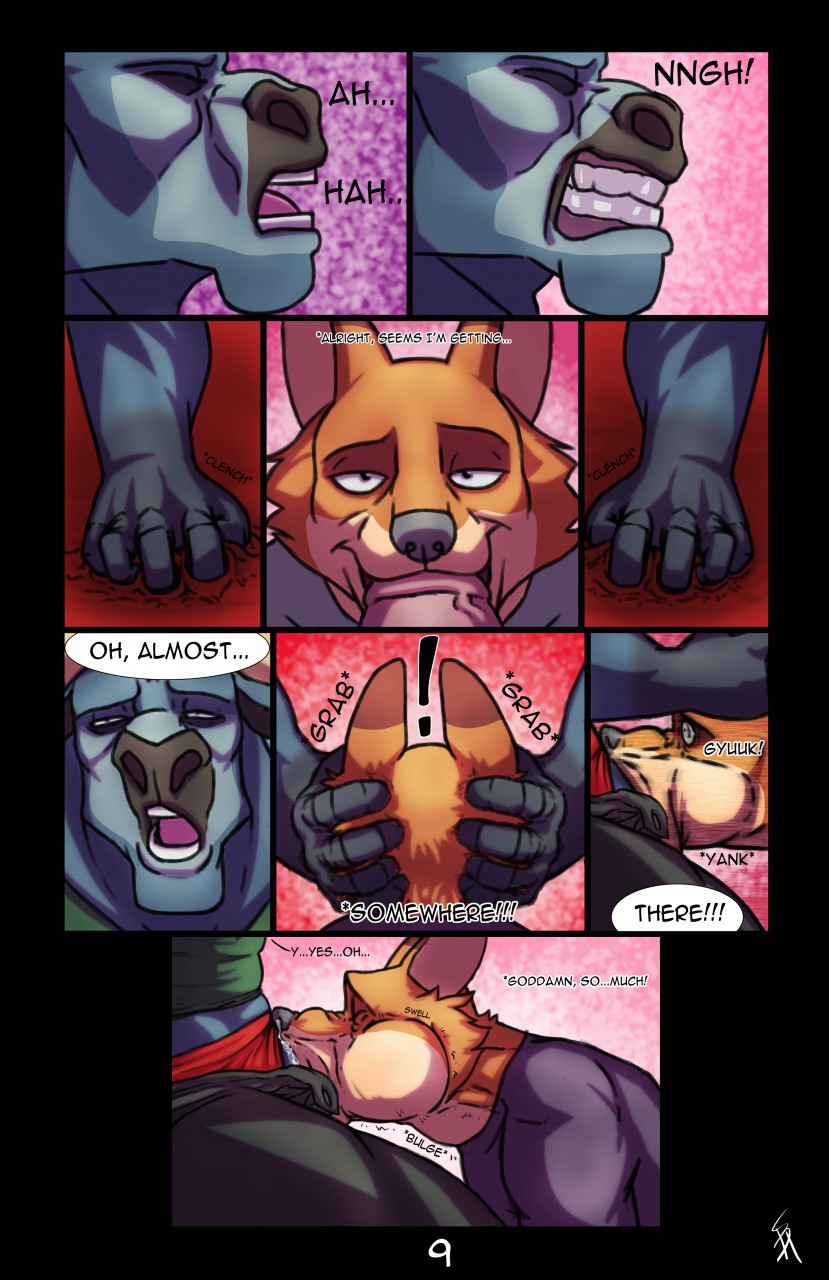 2boys anthro bovine buckwulf_(artist) buffalo canine cheek_bulge chief_bogo clothing comic cum cum_in_mouth cum_inside deepthroat disney duo fellatio fox gay male male_only mammal nick_wilde oral penis sex underwear yaoi zootopia