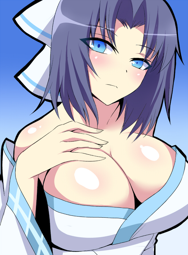 1girls, bare shoulders, blue background, blue eyes, blue hair, breasts, cleavage, female, hand on own chest, head tilt, long sleeves, looking at viewer, nishida megane, senran kagura, senran kagura shinovi versus, short hair, yumi (senran kagura)